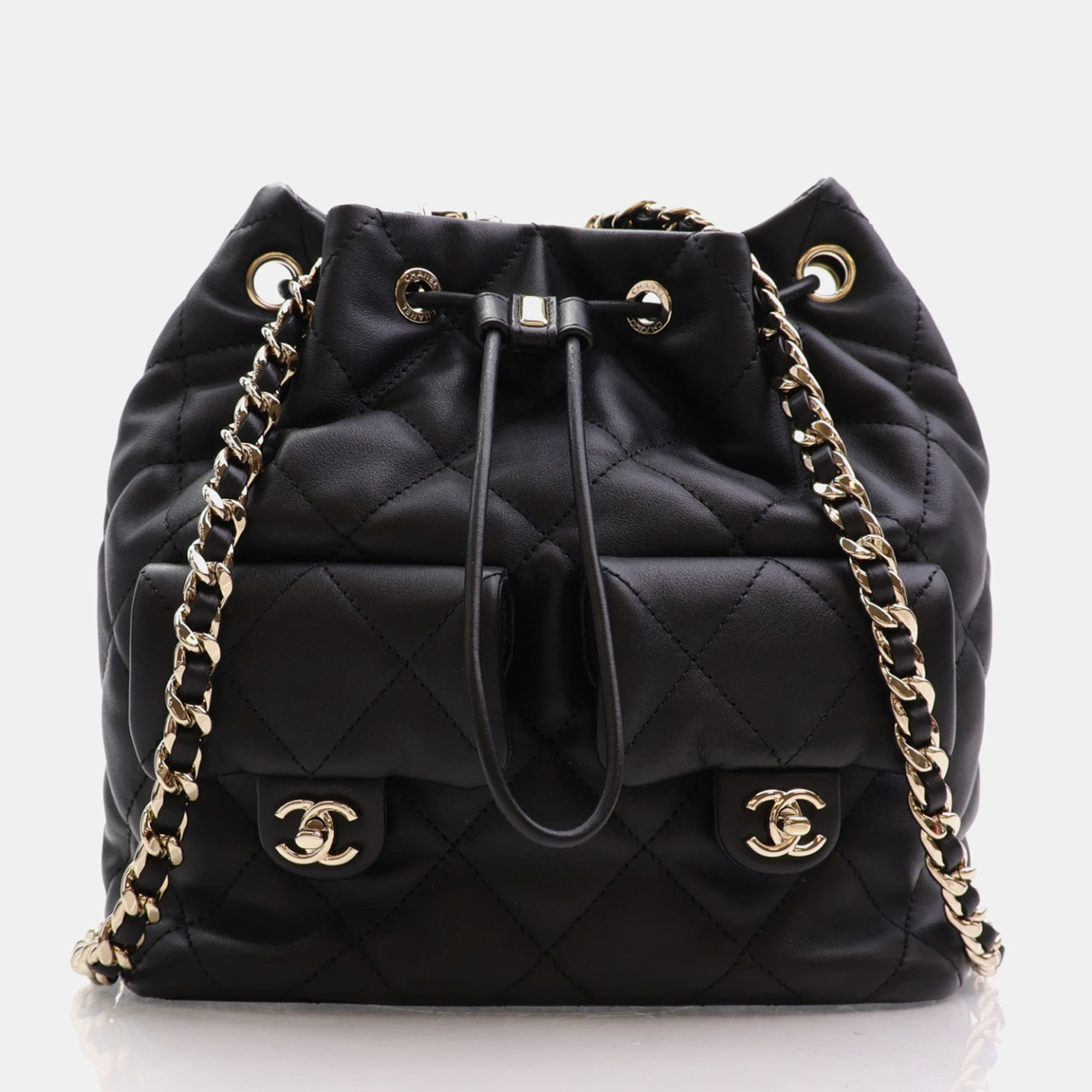

Chanel Black Quilted Calfskin Small Double Pocket Drawstring Backpack