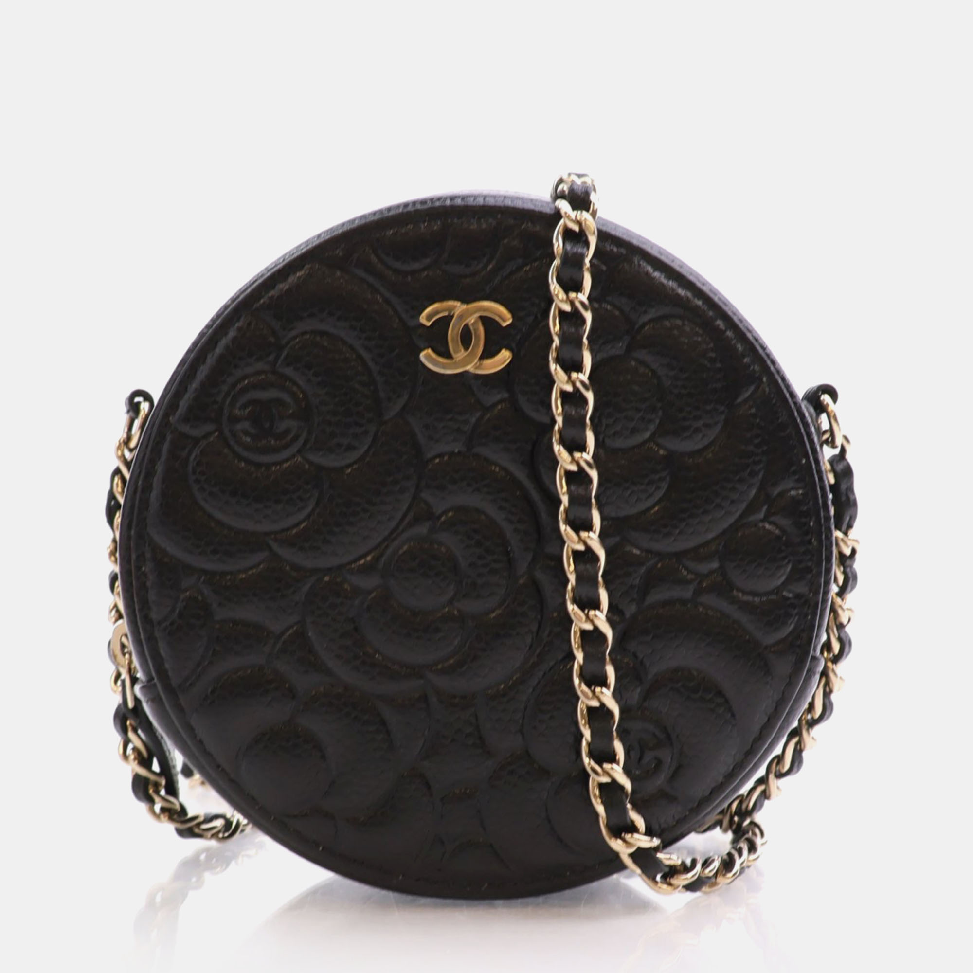 

Chanel Black Caviar Camellia Embossed Round Clutch With Chain