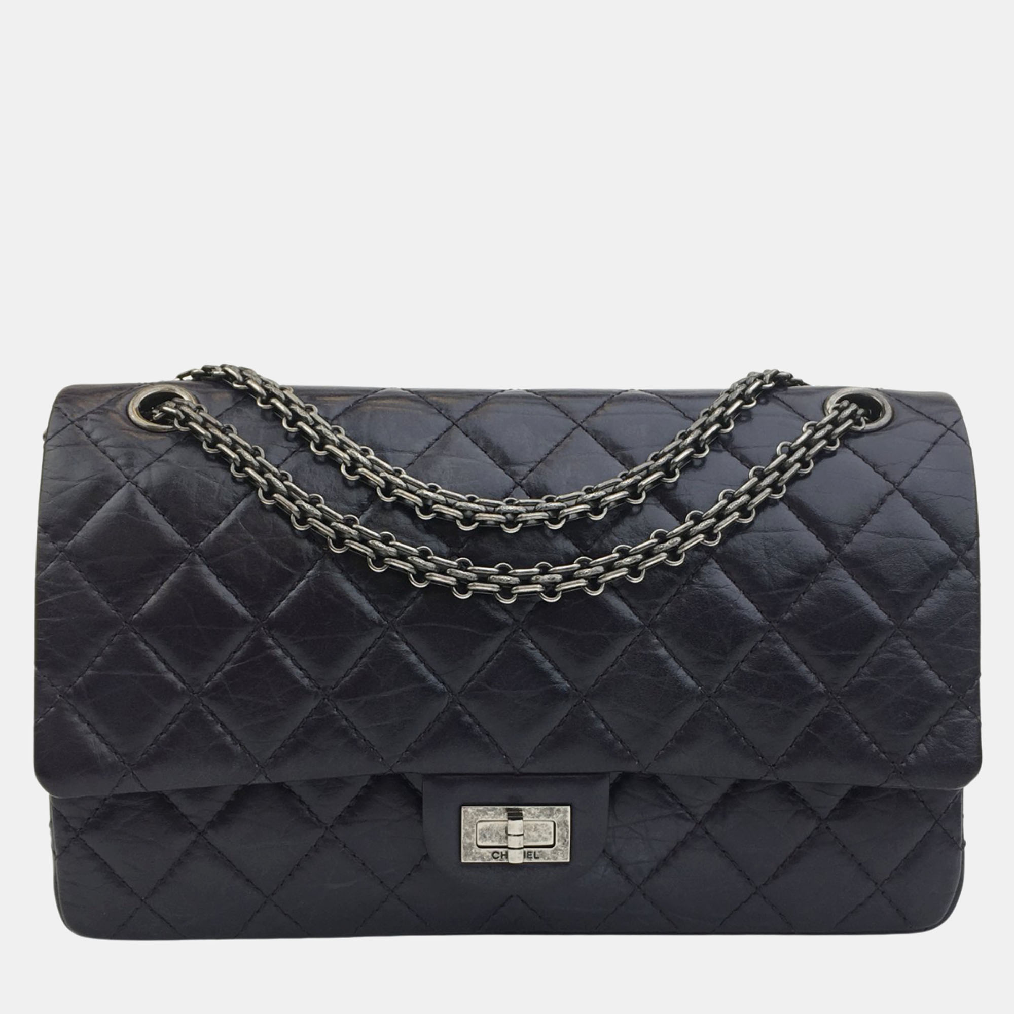

Chanel Black Quilted Aged Calfskin 2.55 Reissue 227 Double Flap Shoulder Bag