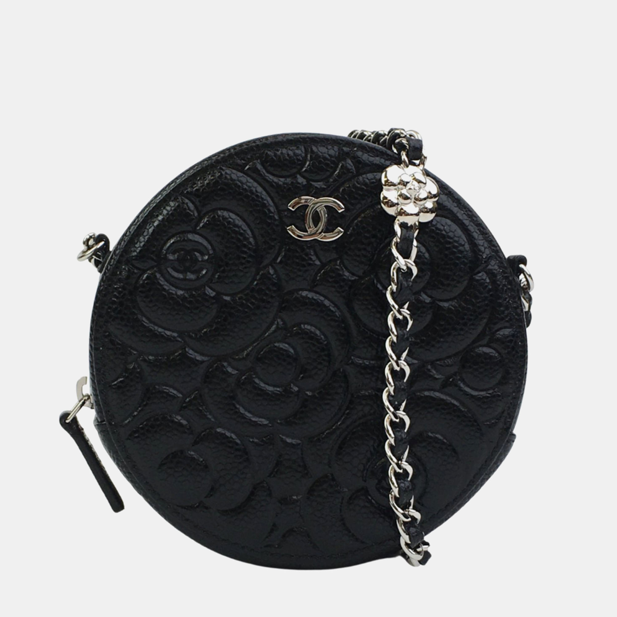 

Chanel Black Leather Round Camellia Clutch