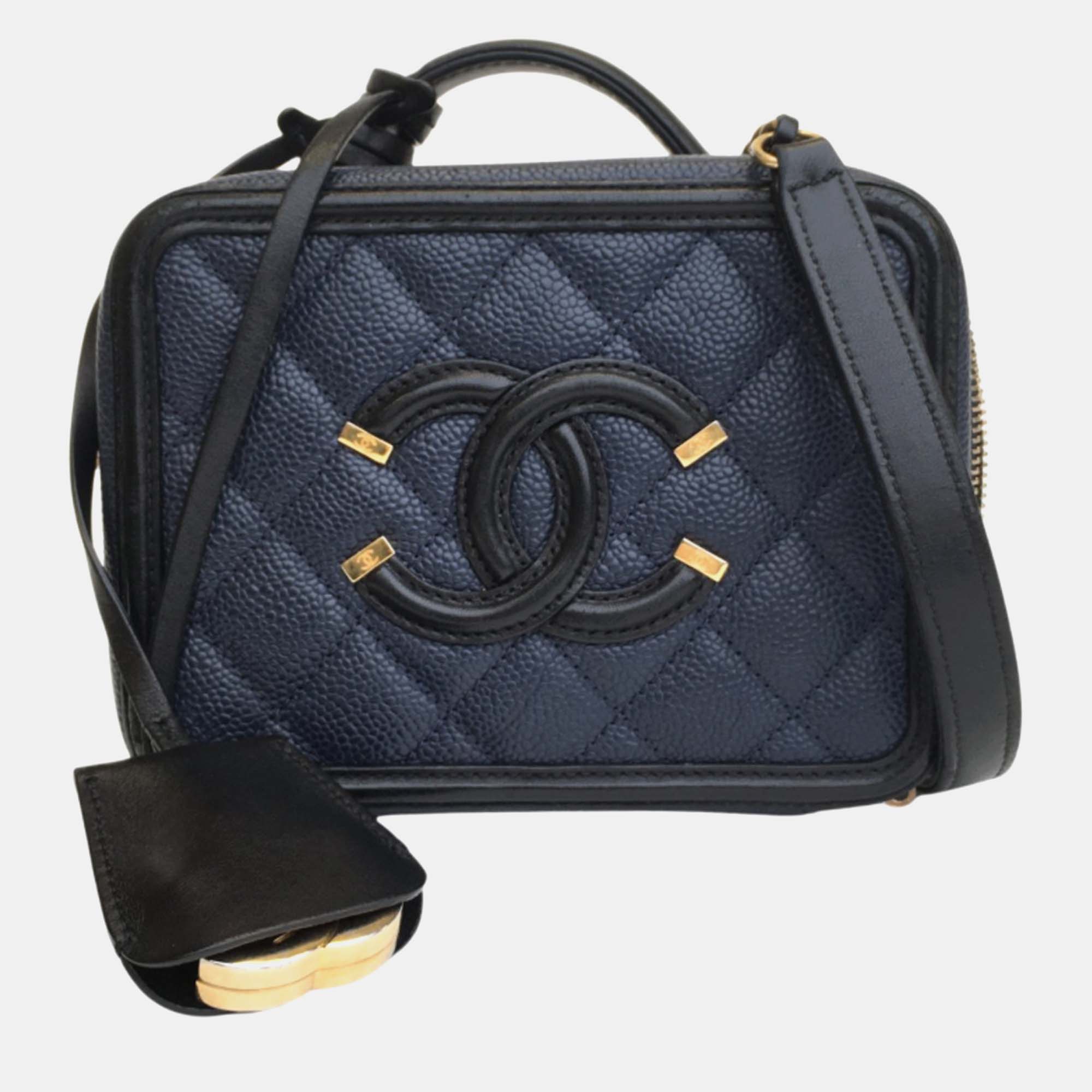 Pre-owned Chanel Blue/black Leather Mini Filigree Shoulder Bag