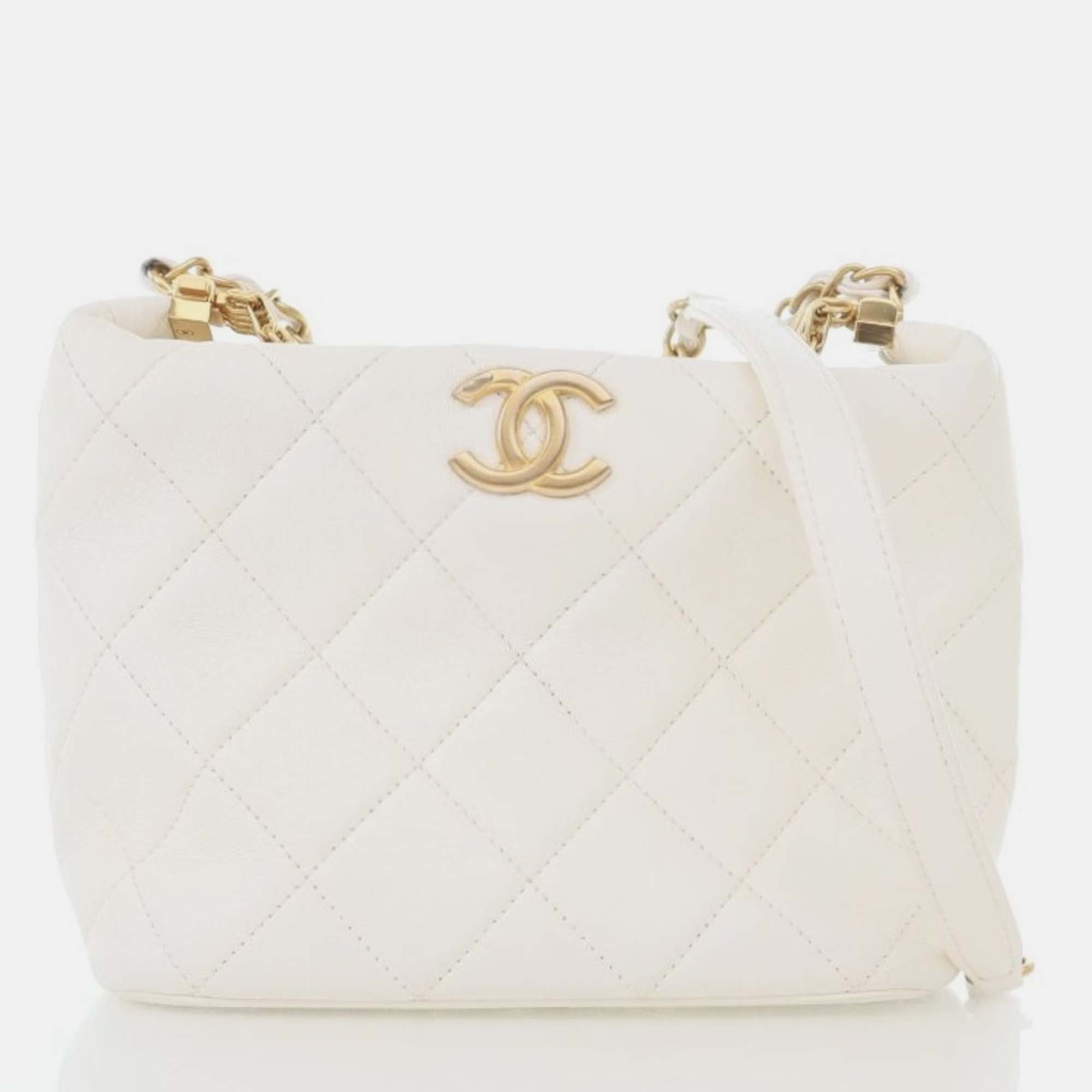 

Chanel White Quilted Lambskin Small Crystal Logo Letters Chain Handle Bag