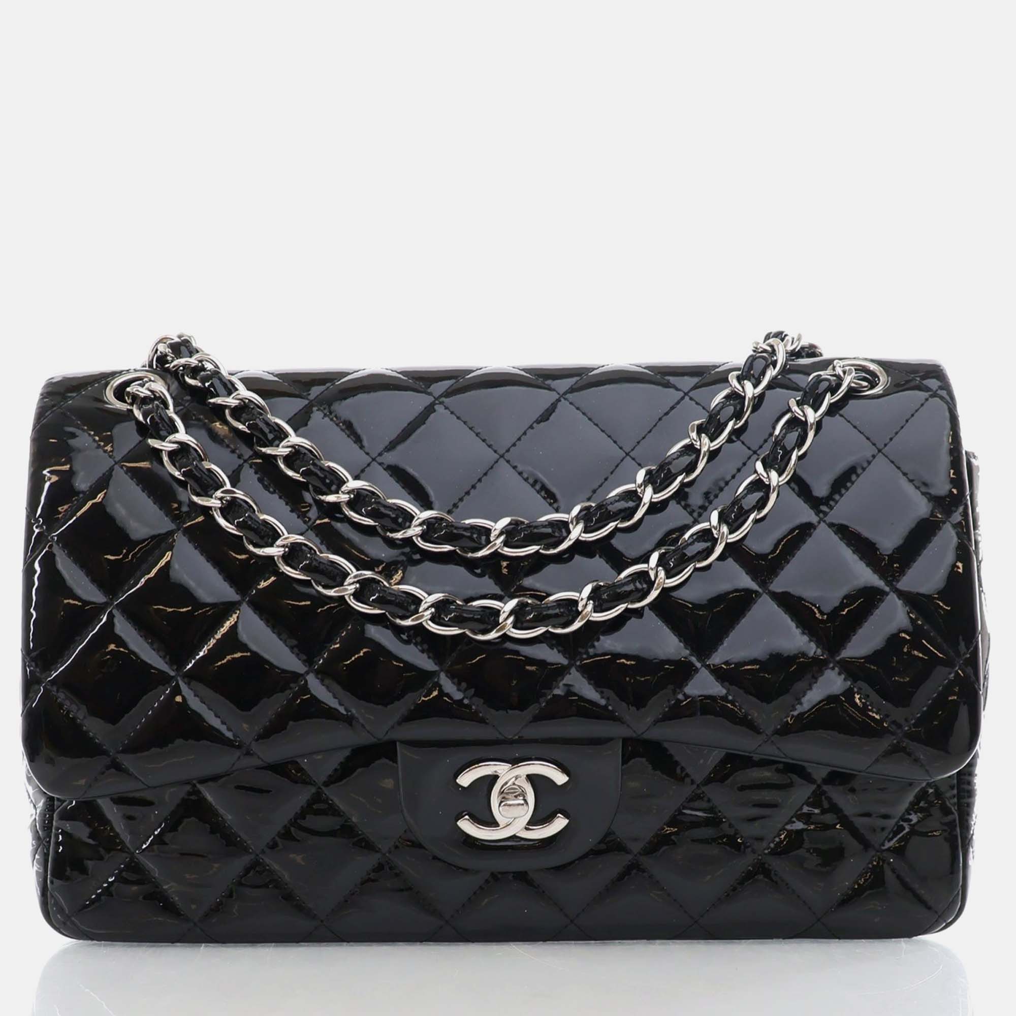 

Chanel Black Patent Leather Jumbo Classic Double Flap Shoulder Bag