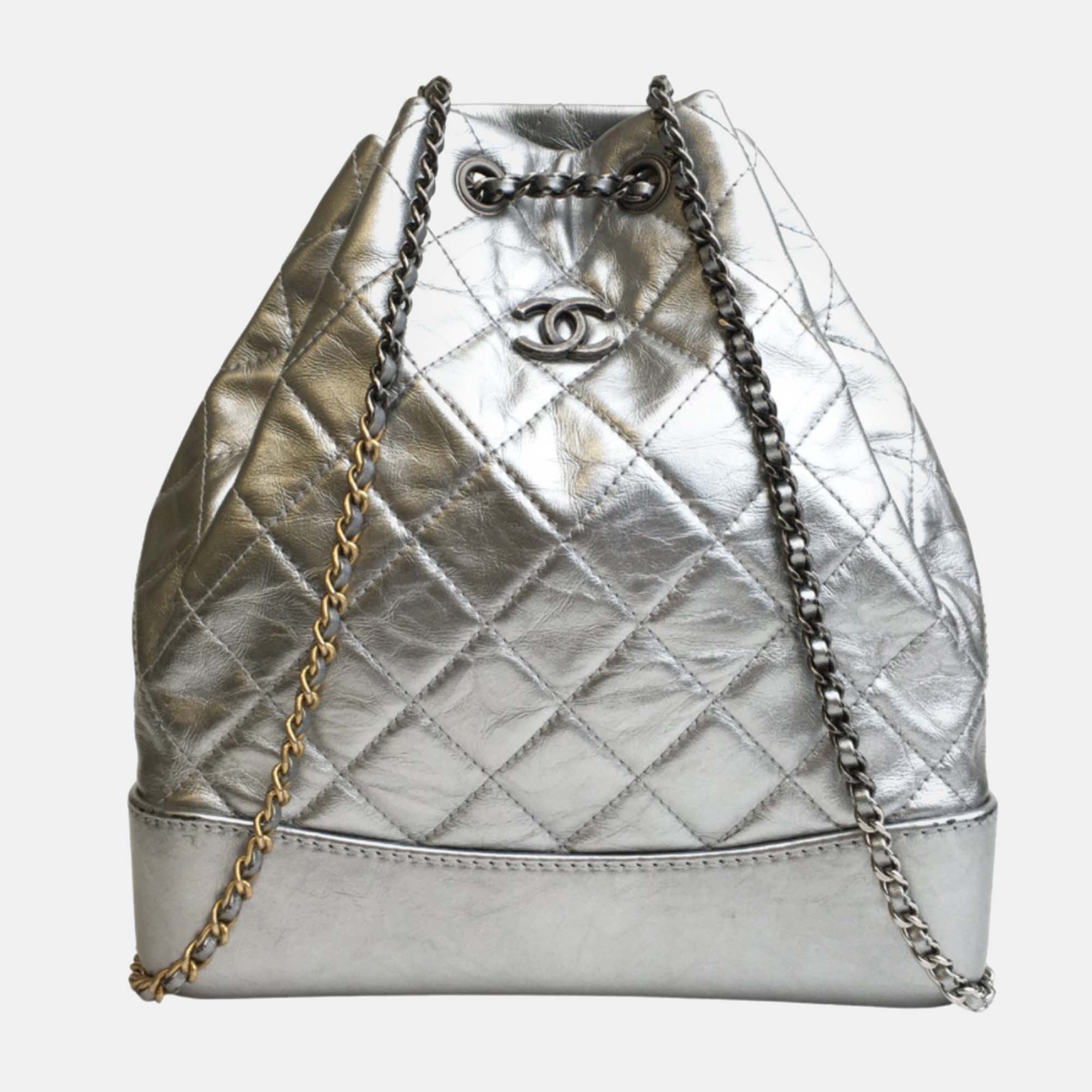 Pre-owned Chanel Silver Leather Gabrielle Backpacks In Grey
