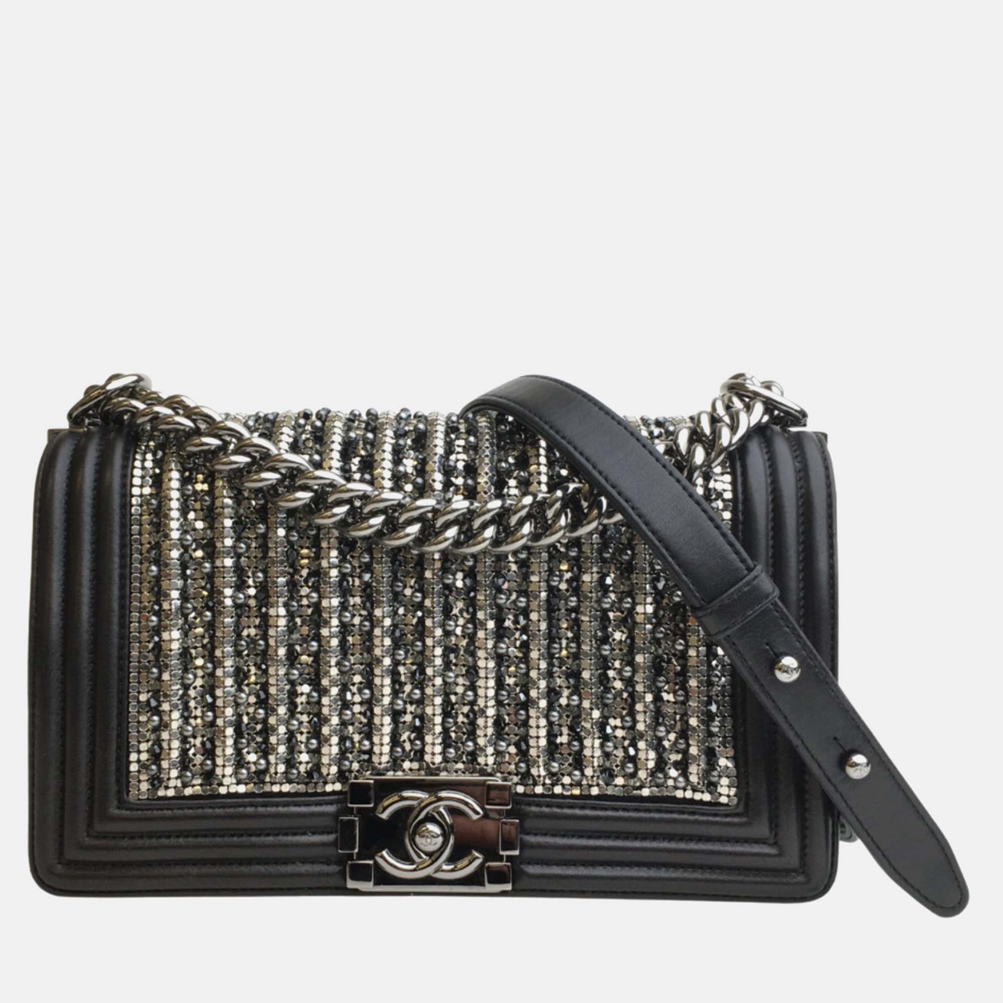 

Chanel Black Lambskin with Metallic Glass & Pearl Embroidery Small Boy Flap Bag