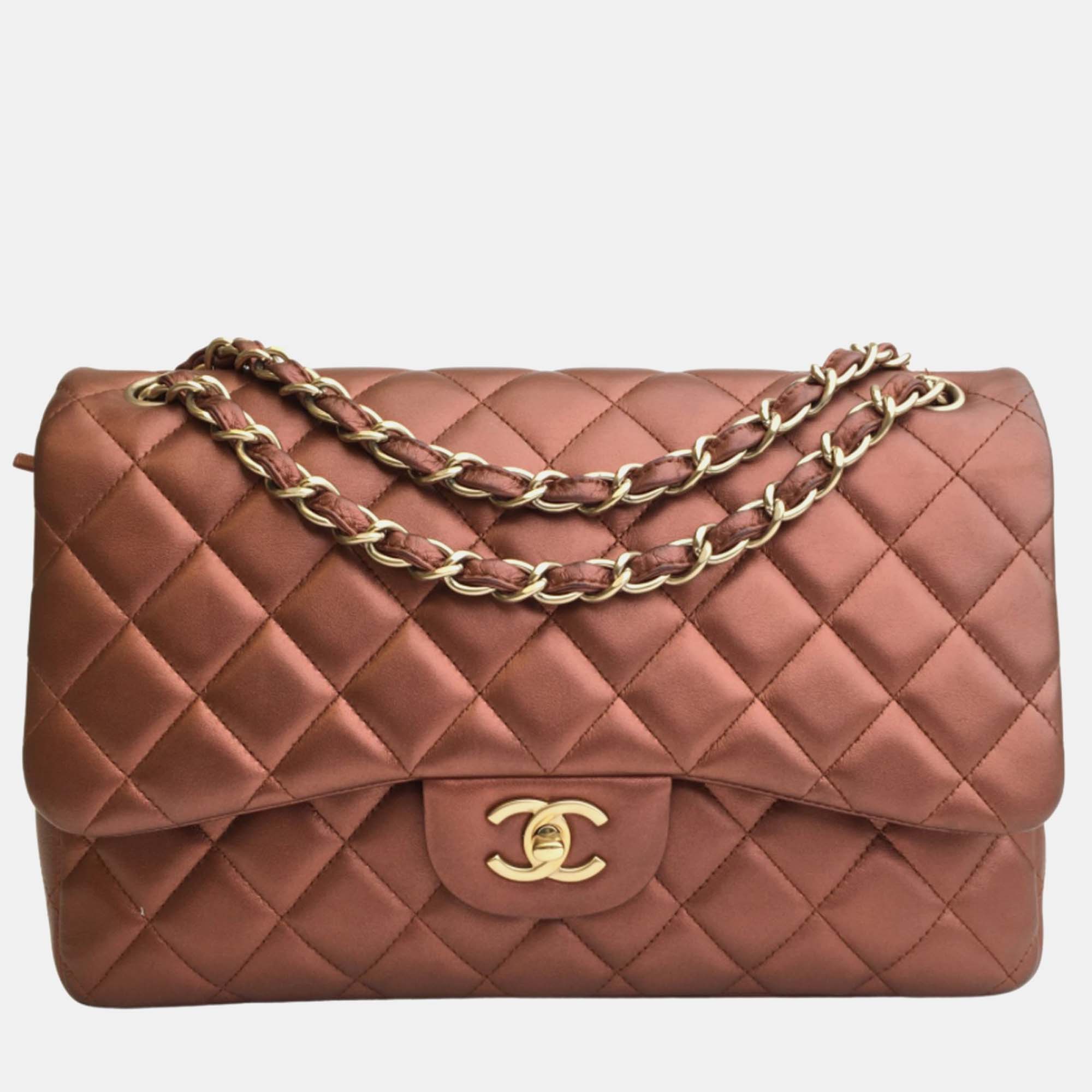 

Chanel Bronze Leather JUmbo Classic Double Flap Shoulder Bags