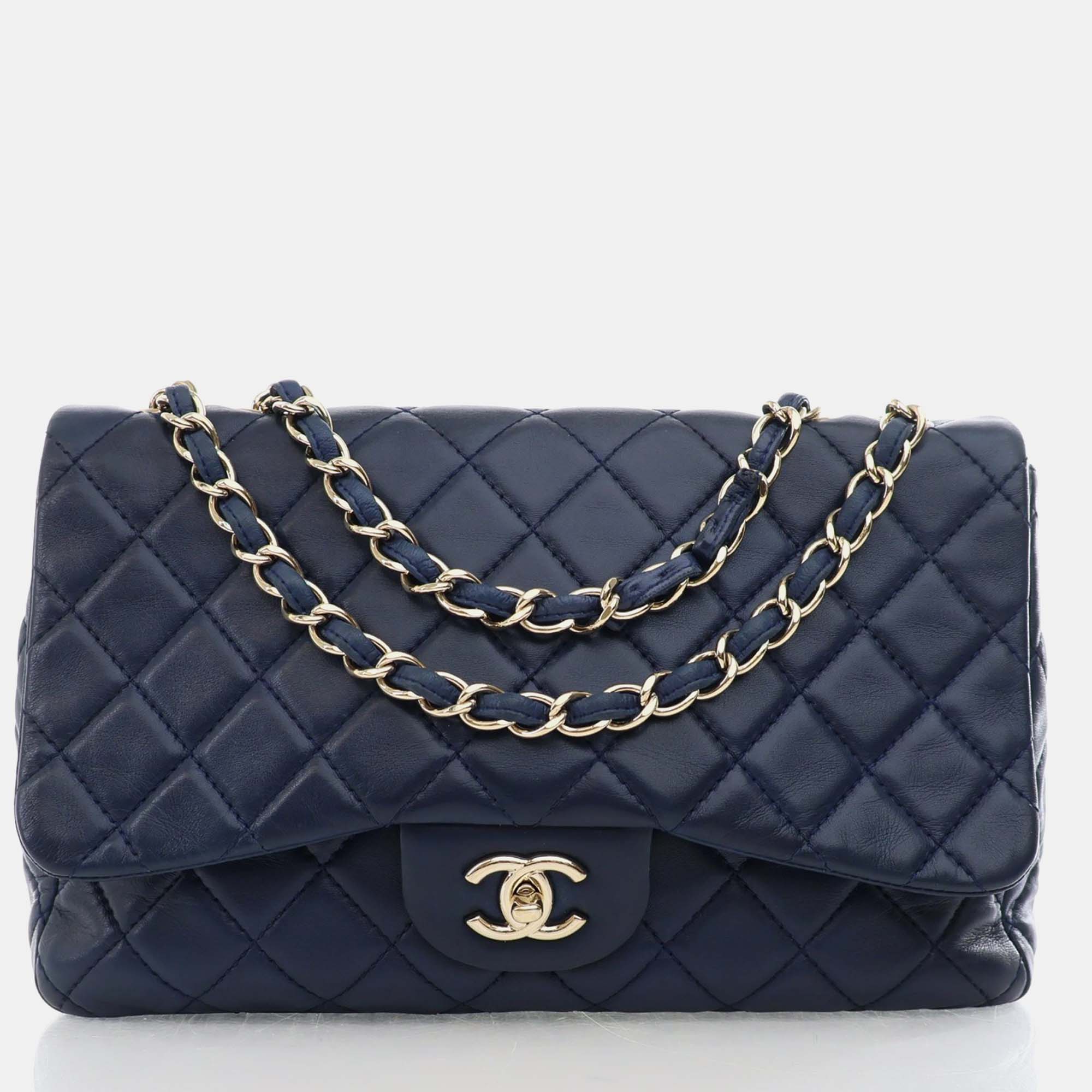 Pre-owned Chanel Blue Leather Jumbo Classic Single Flap Shoulder Bags