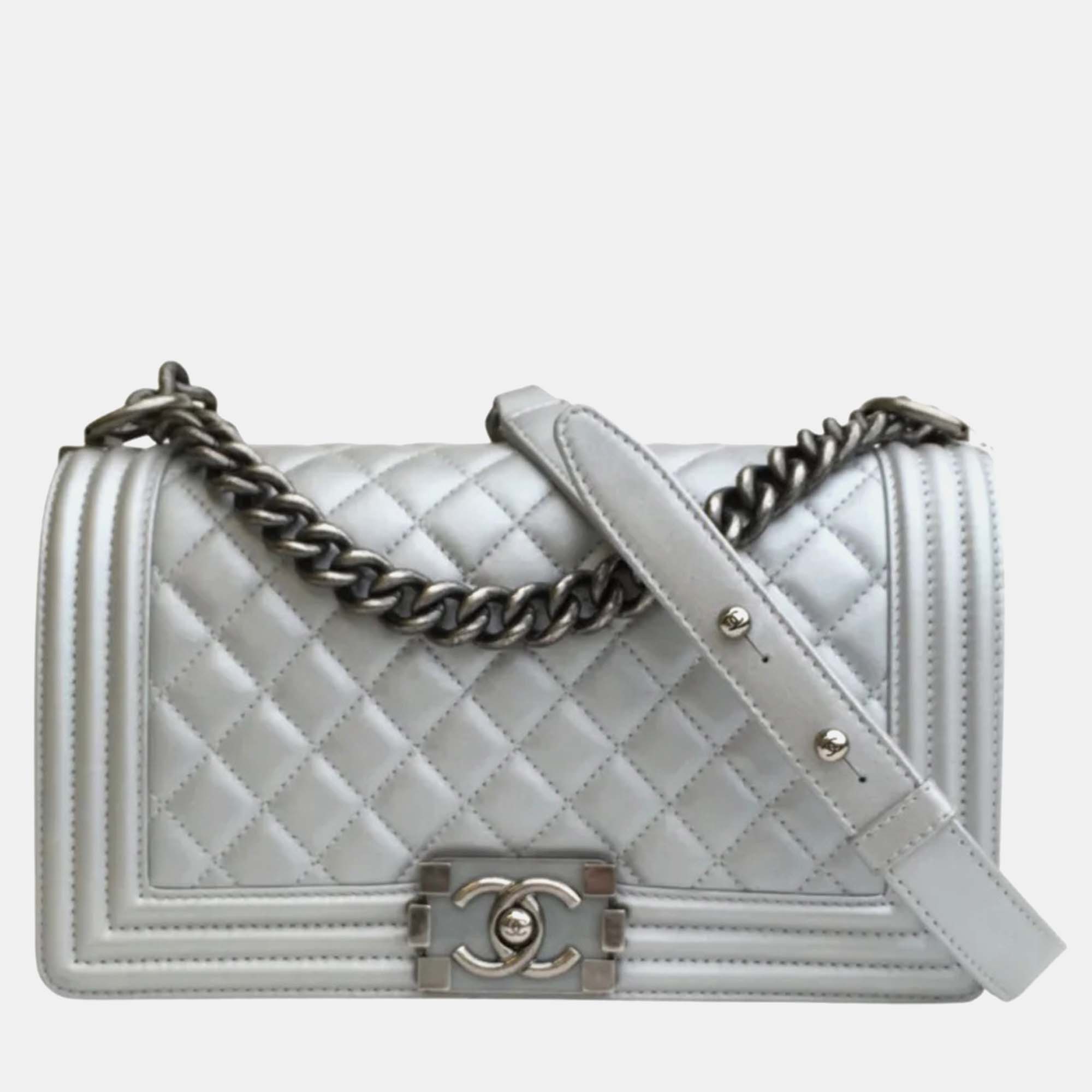 

Chanel Metallic Silver Leather  Boy Shoulder Bag