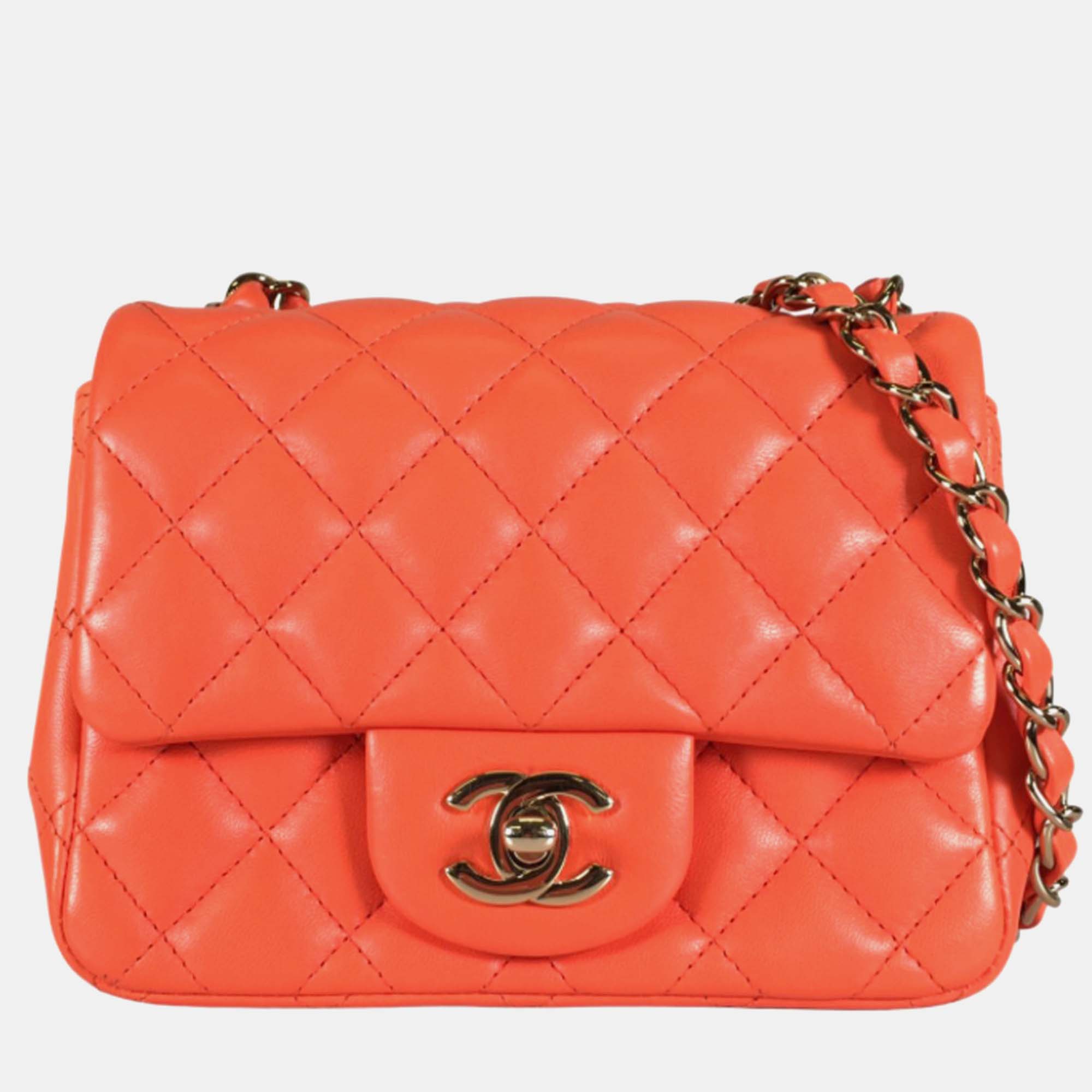 Pre-owned Chanel Orange Quilted Lambskin Mini Square Classic Single Flap Shoulder Bag