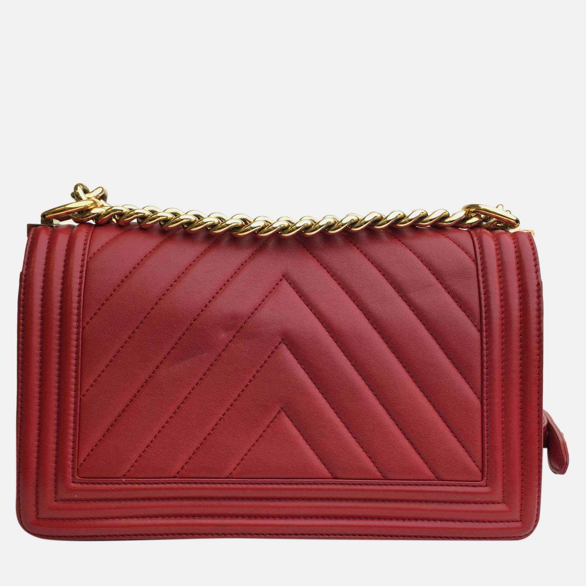 Chanel Red Leather Medium Boy Shoulder Bags 