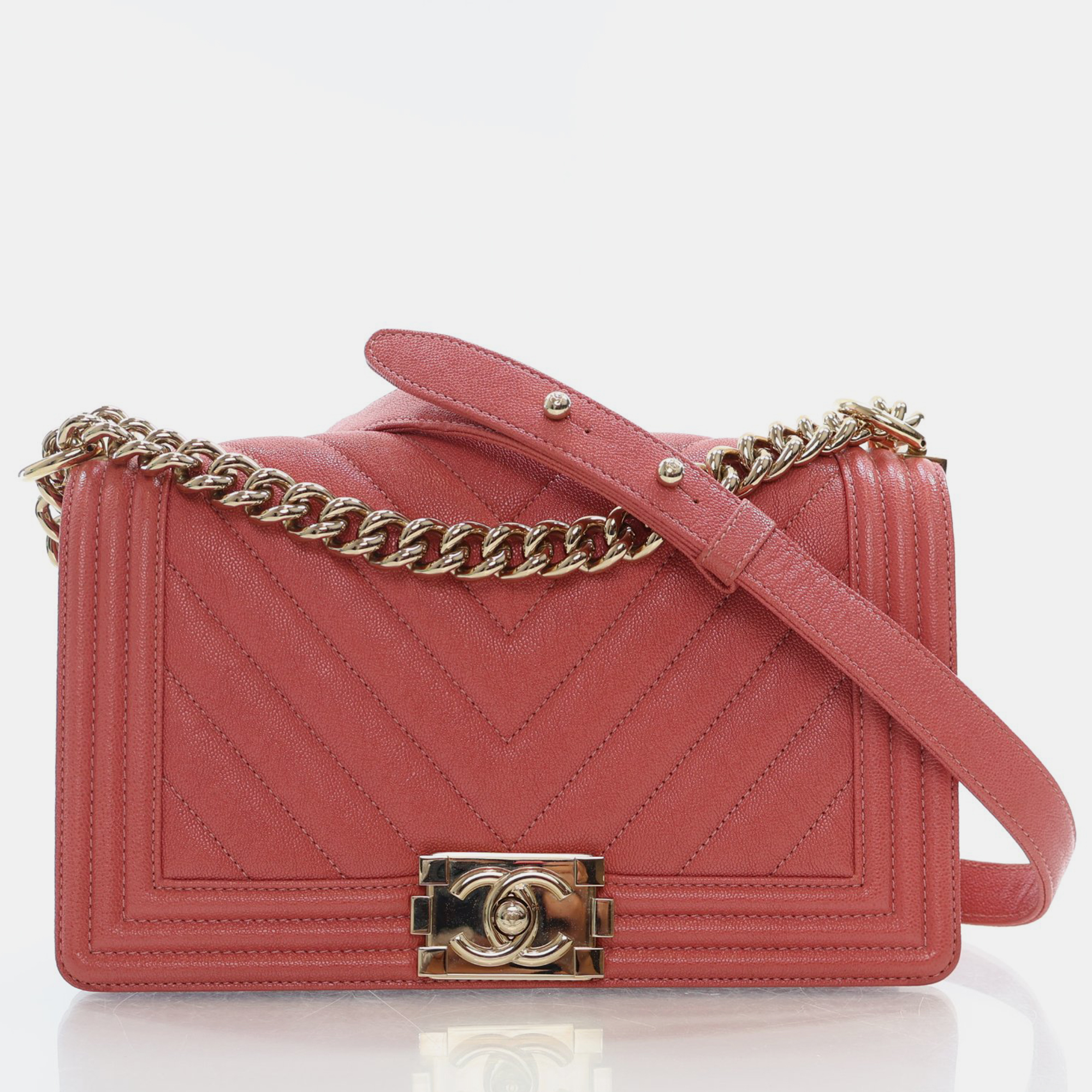 

Chanel Pink Caviar Leather Chevron  Boy Bag