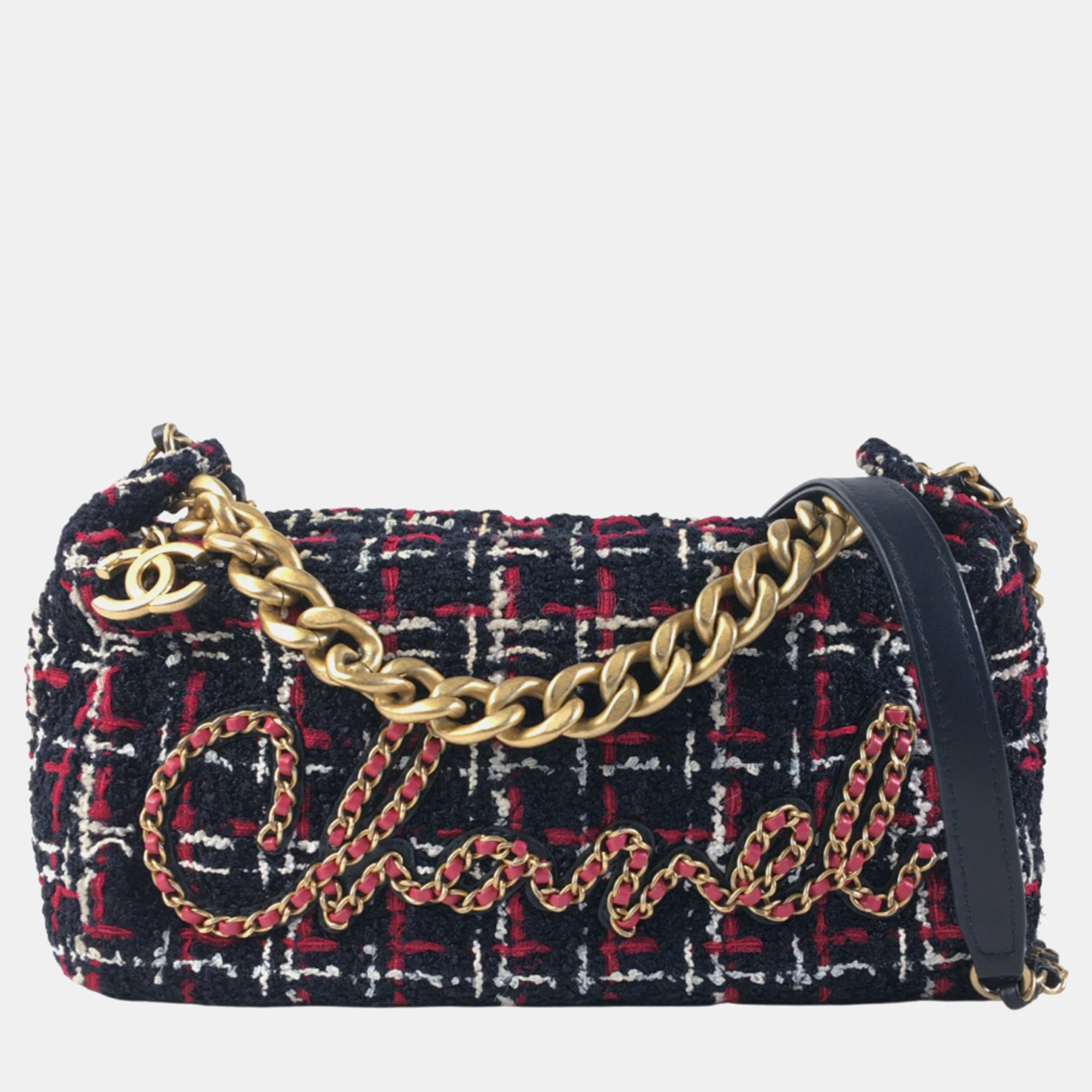 

Chanel Red Black Tweed Calfskin Signe Bowling Bag, Blue