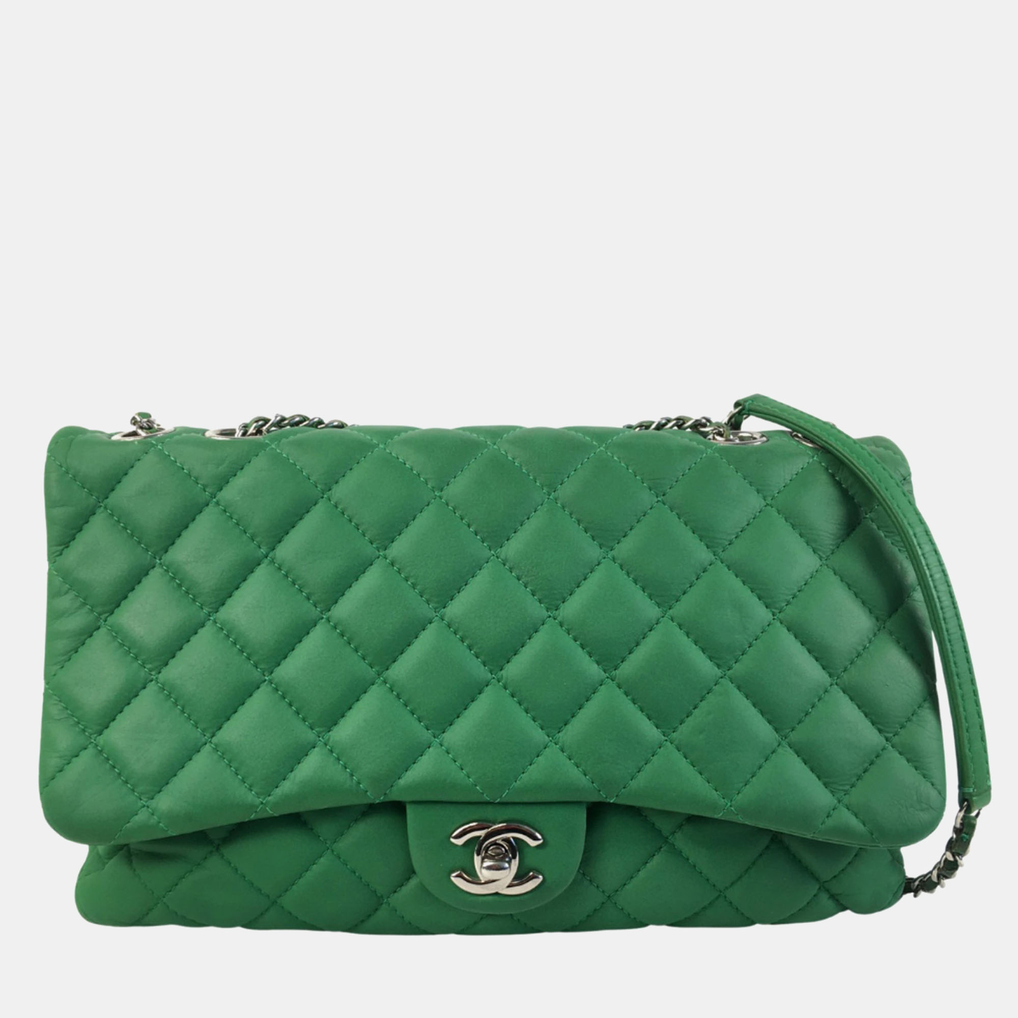 

Chanel Green Quilted Leather 3 Compartment Classic Flap Bag