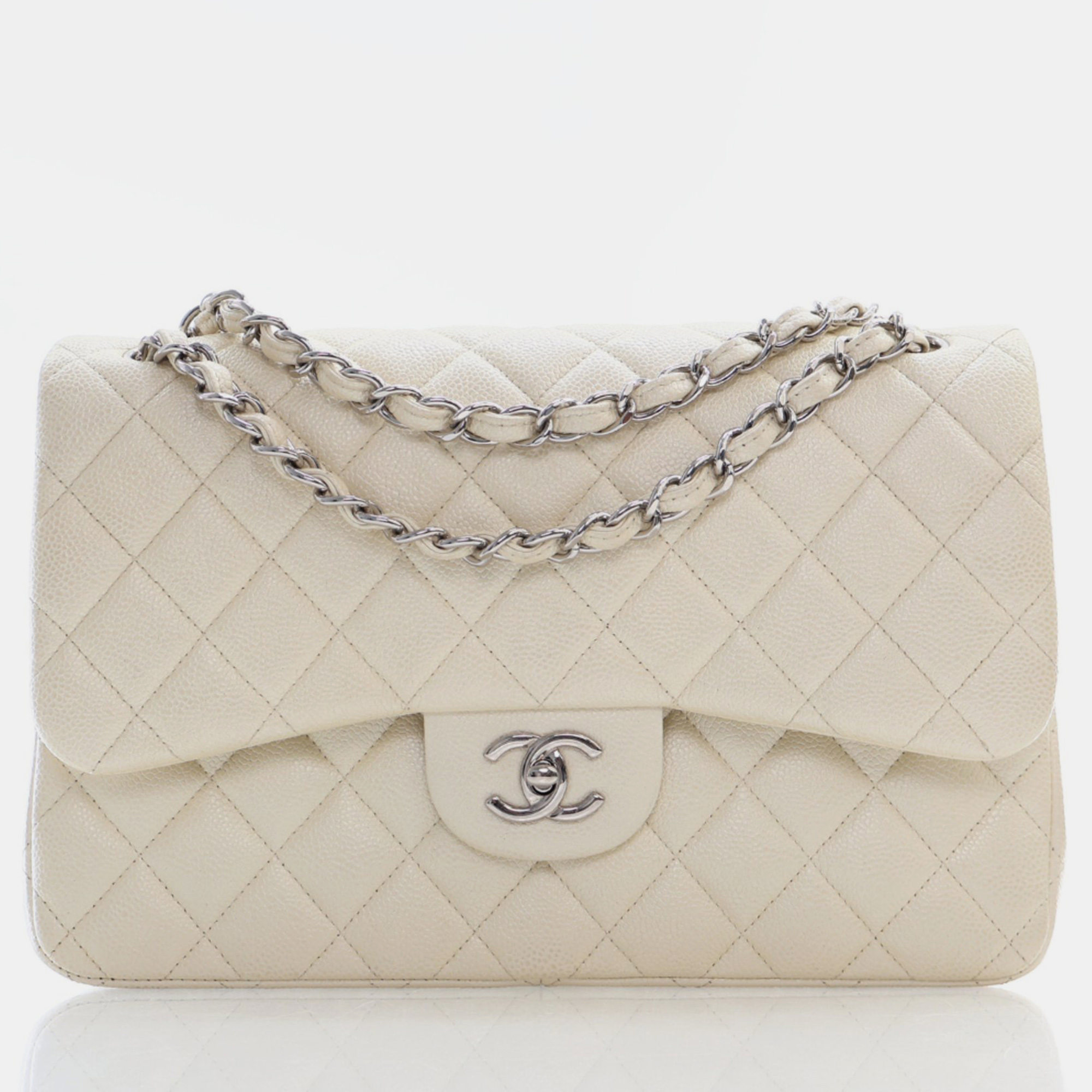 

Chanel White Caviar Leather Jumbo Classic Double Flap Shoulder Bags, Cream