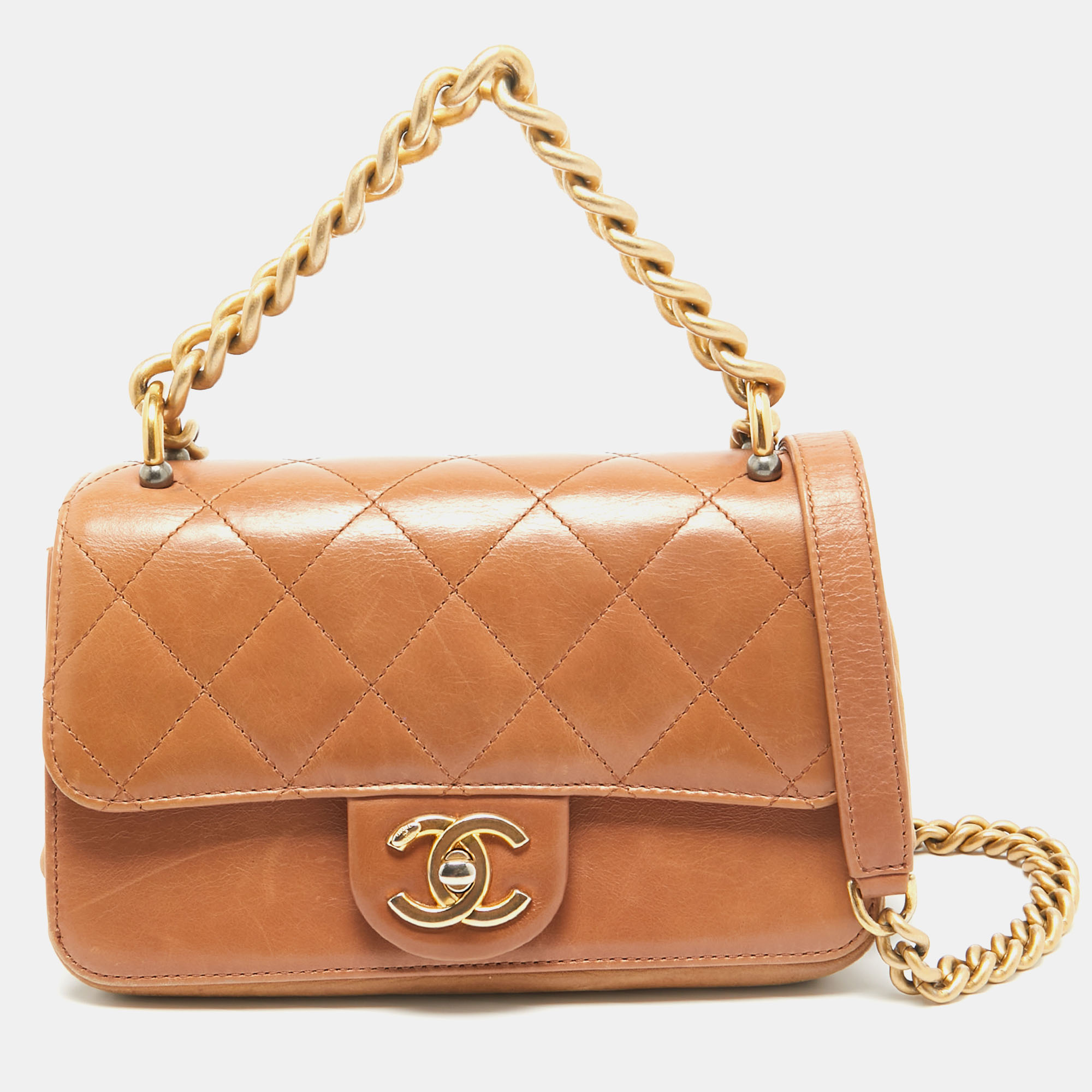 

Chanel Brown Quilted Leather Small Straight Lined Flap Bag