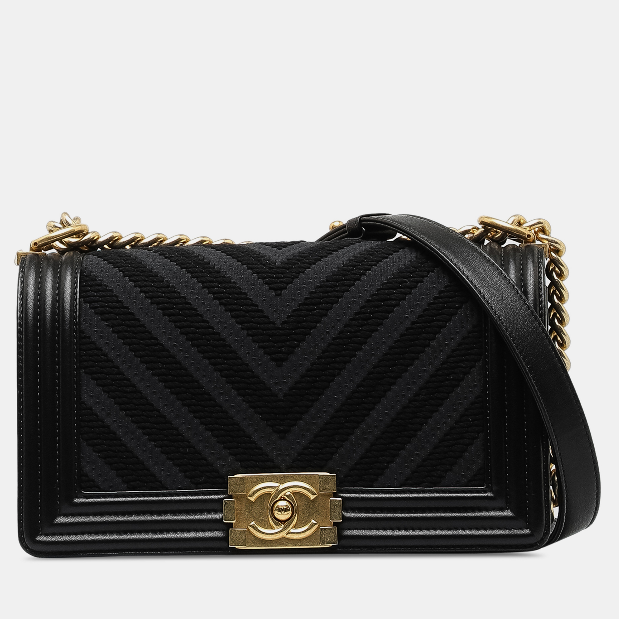 

Chanel Medium Braided Twill Chevron Boy Flap, Black