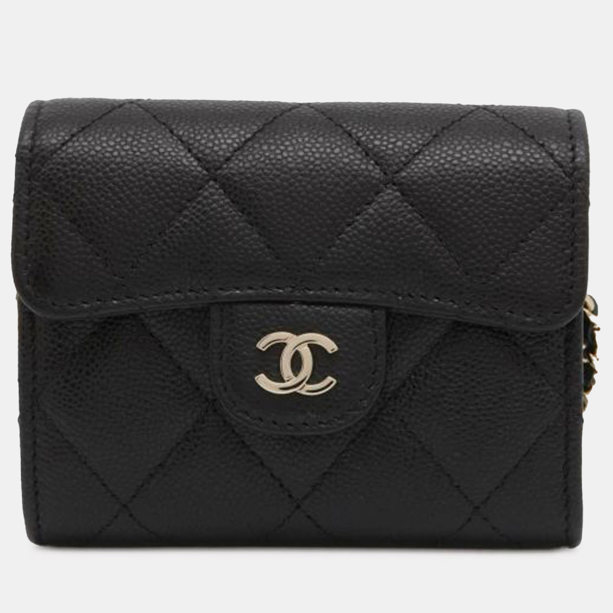 

Chanel CC Quilted Caviar Flap Card Holder On Chain, Black