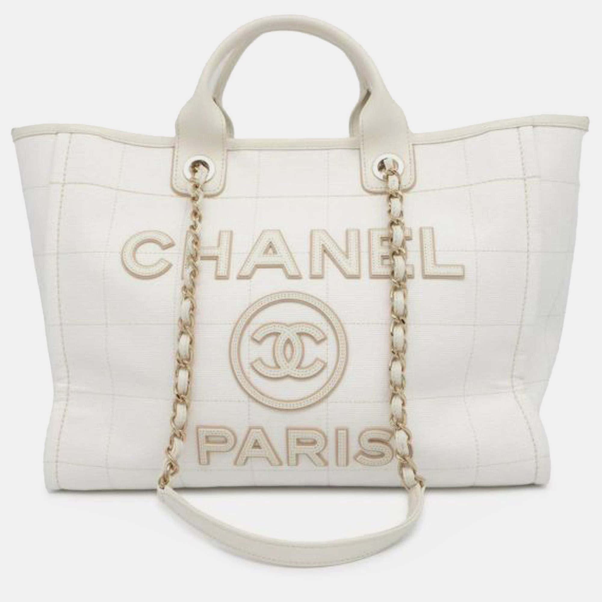 

Chanel Medium Canvas Square Stitch Deauville Shopping Tote, White