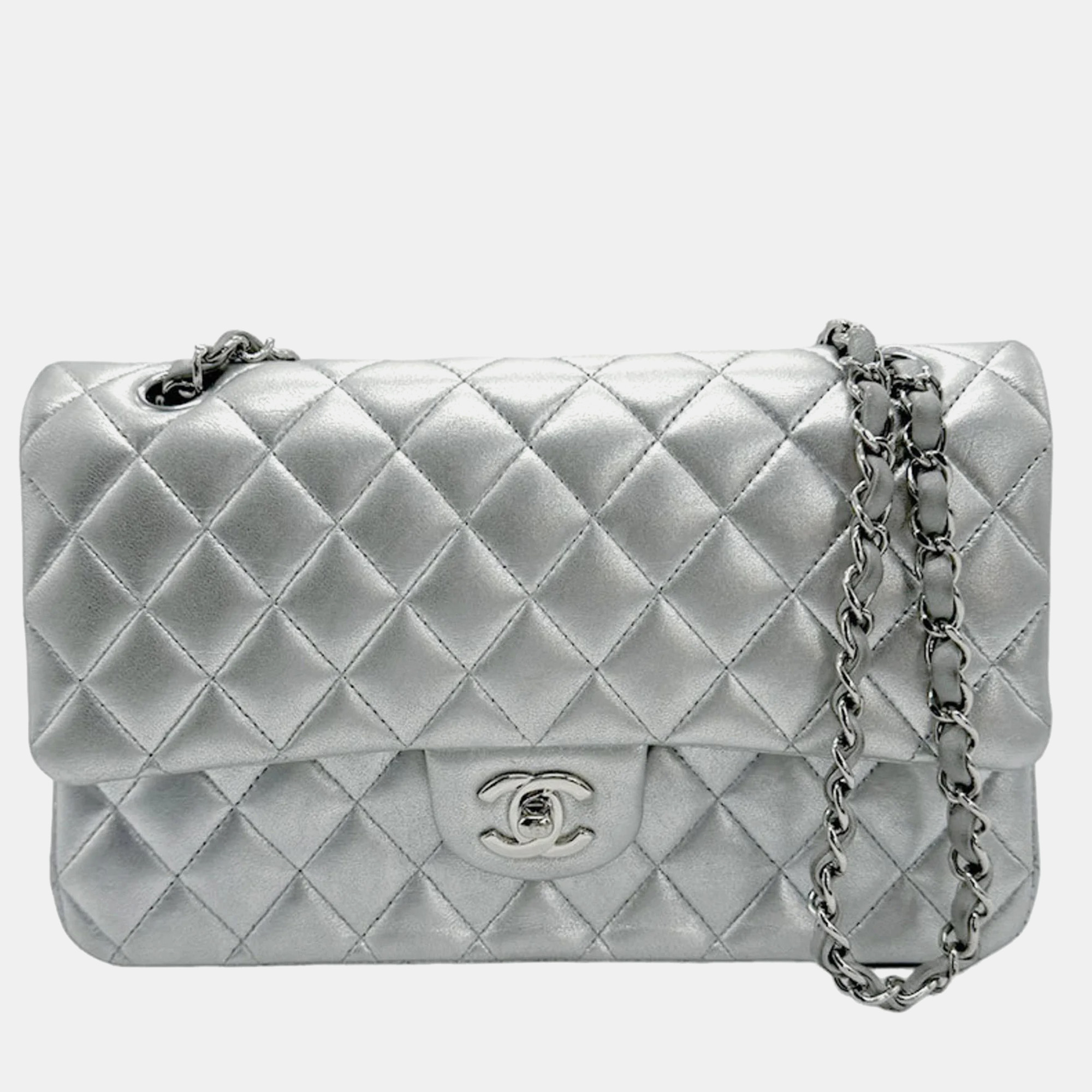 

Chanel Silver Lambskin Leather  Classic Double Flap Shoulder Bag