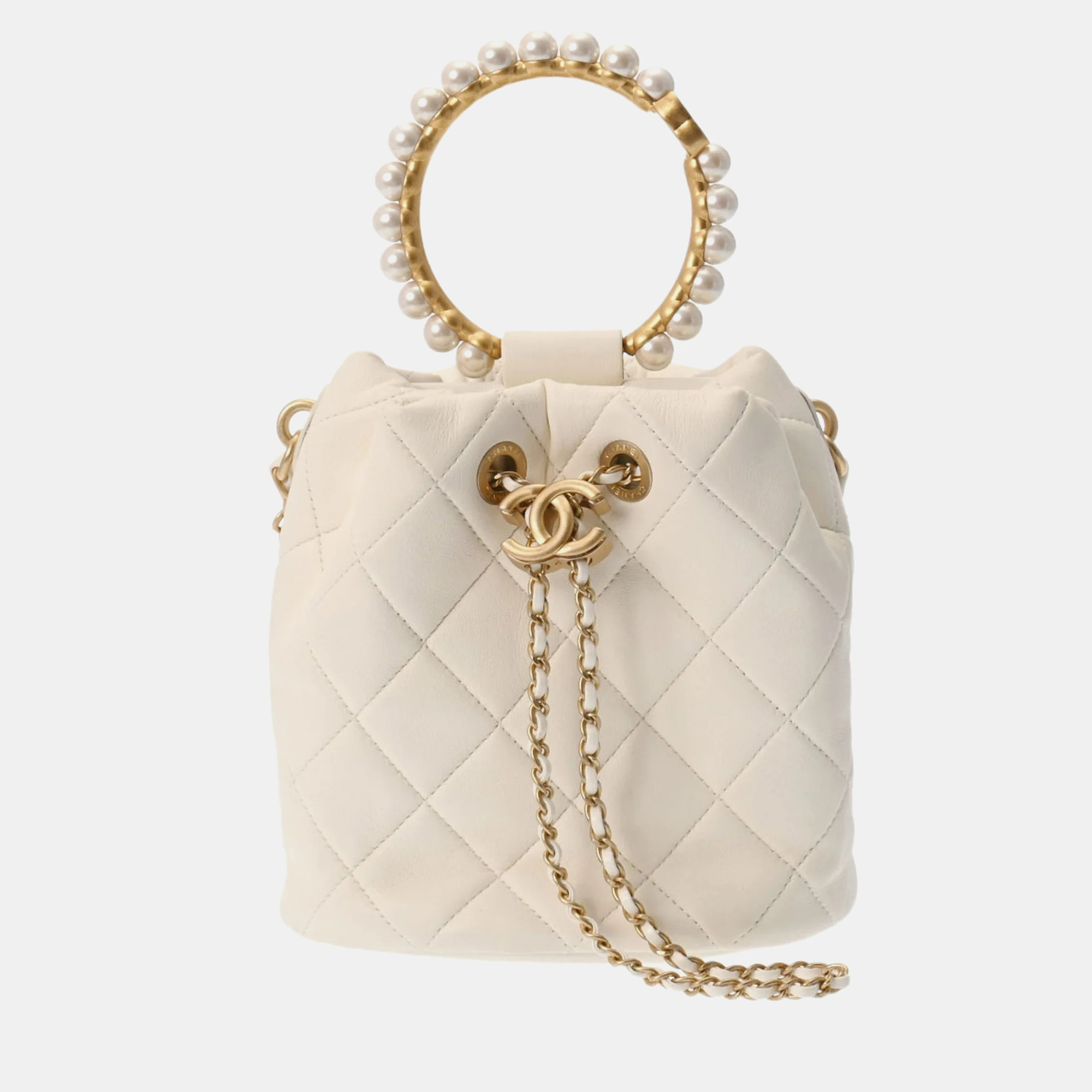 

Chanel White Leather Pearl Crown Drawstring Bag