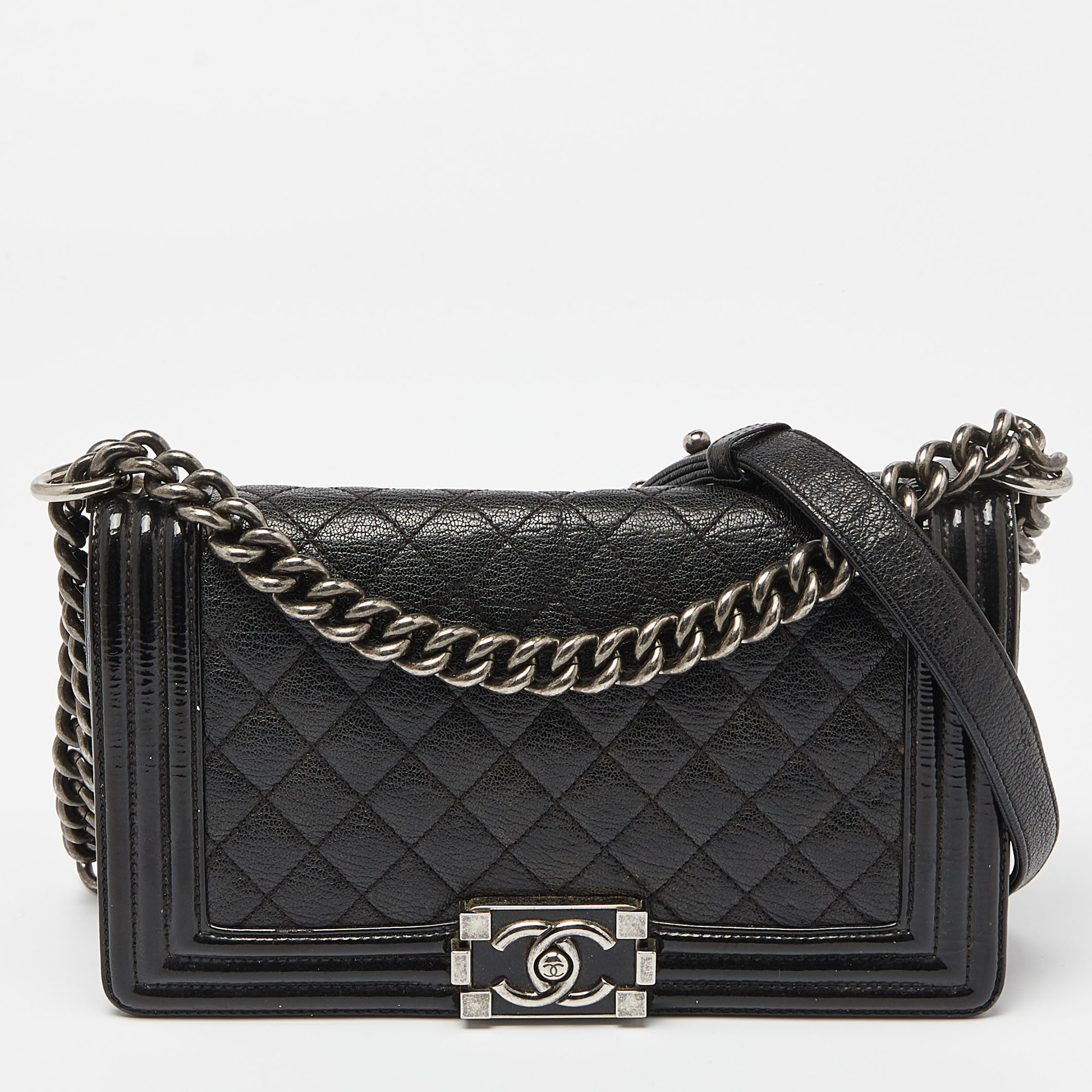

Chanel Black Quilted Patent and Leather Medium Boy Flap Bag