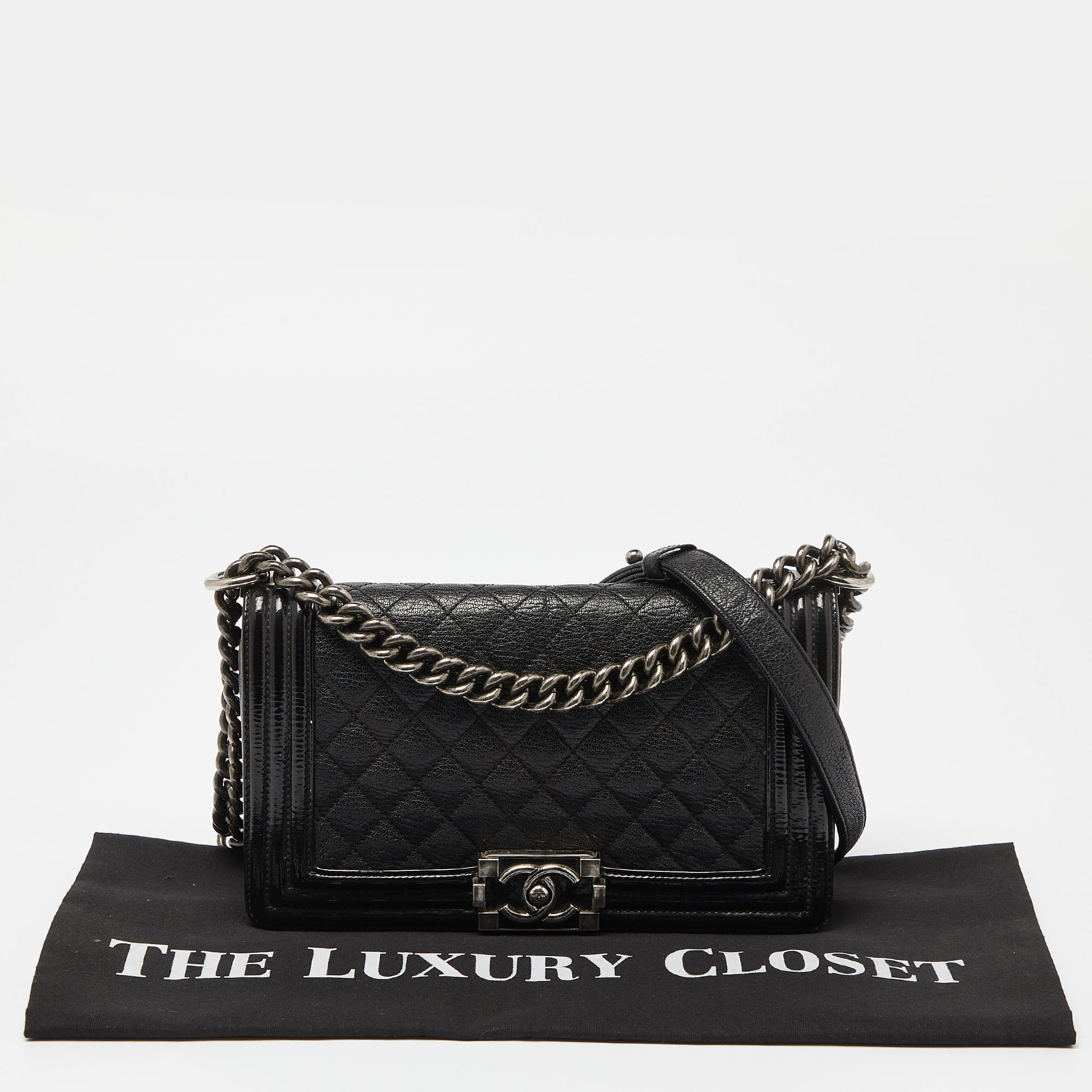 Chanel Black Quilted Patent and Leather Medium Boy Flap Bag 