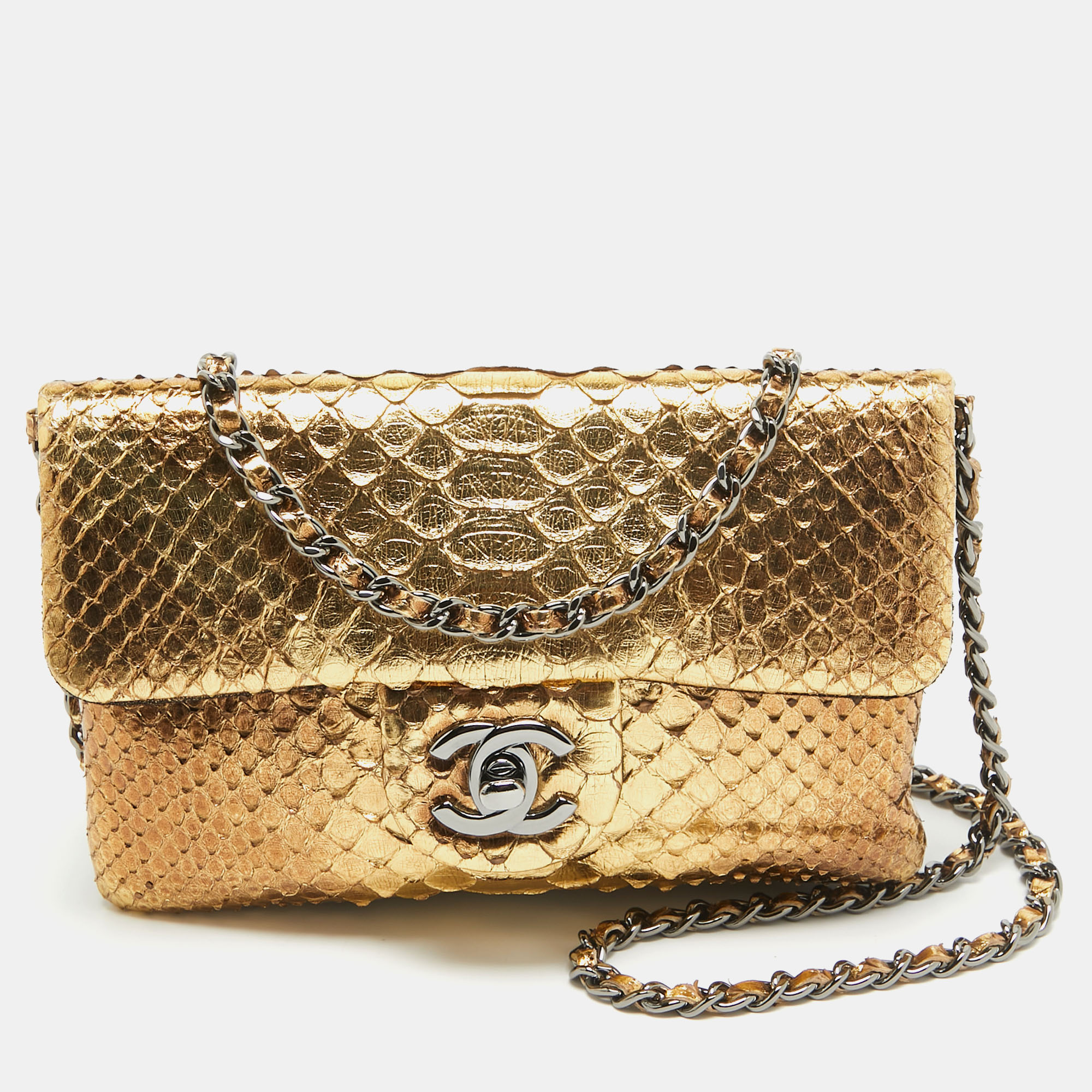 

Chanel Two Tone Gold Python flap Chain Clutch