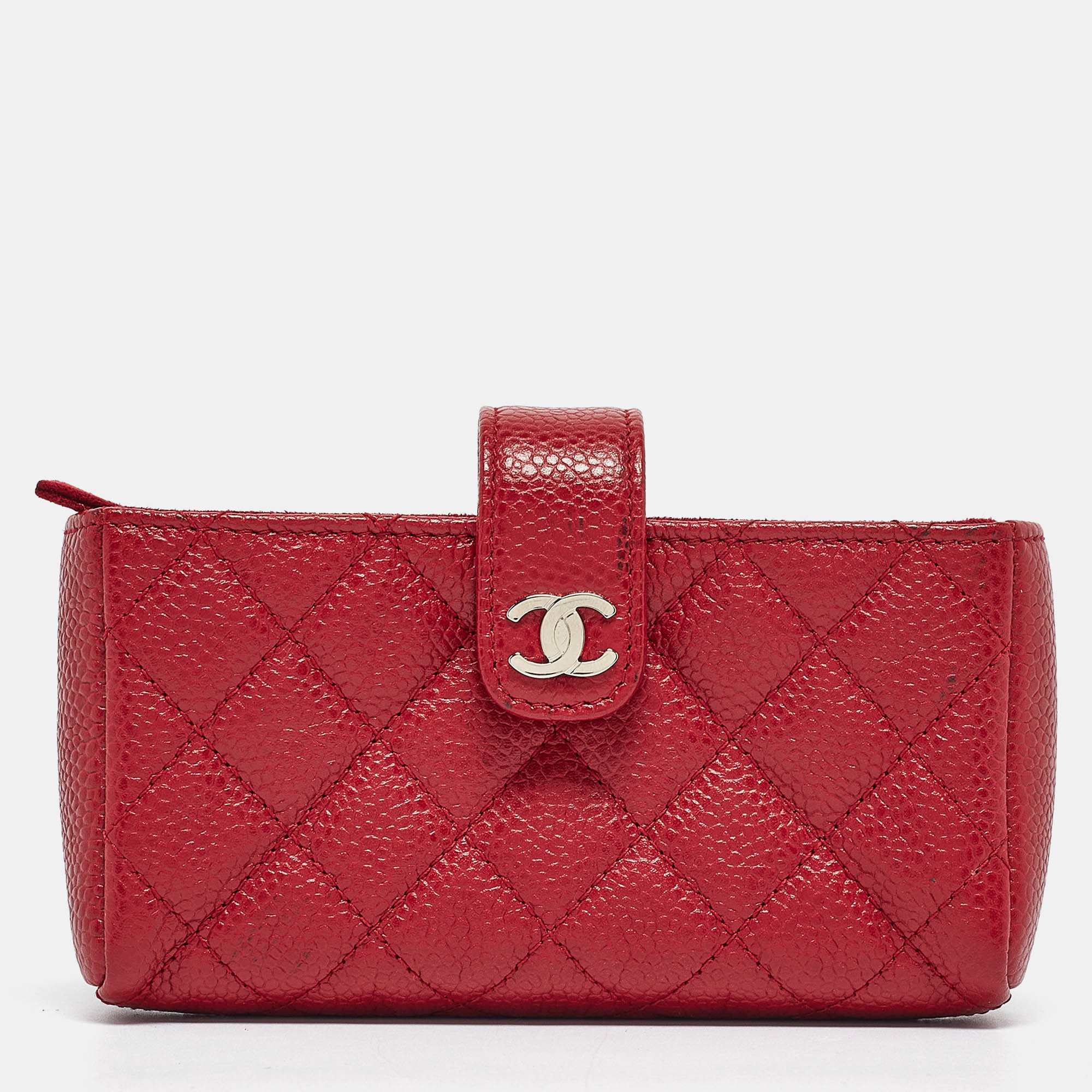 Pre-owned Chanel Red Quilted Caviar Leather Cc O Phone Pouch