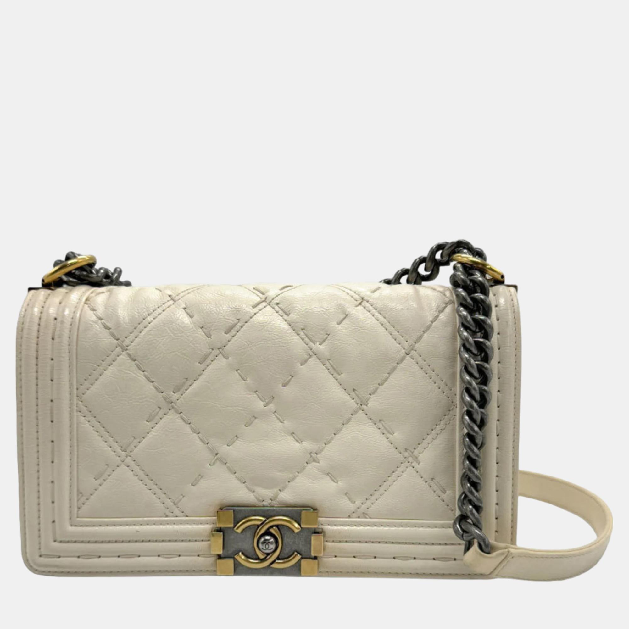 

Chanel Off-White Calfskin Quilted Mini Boy Flap White Shoulder Bag, Cream