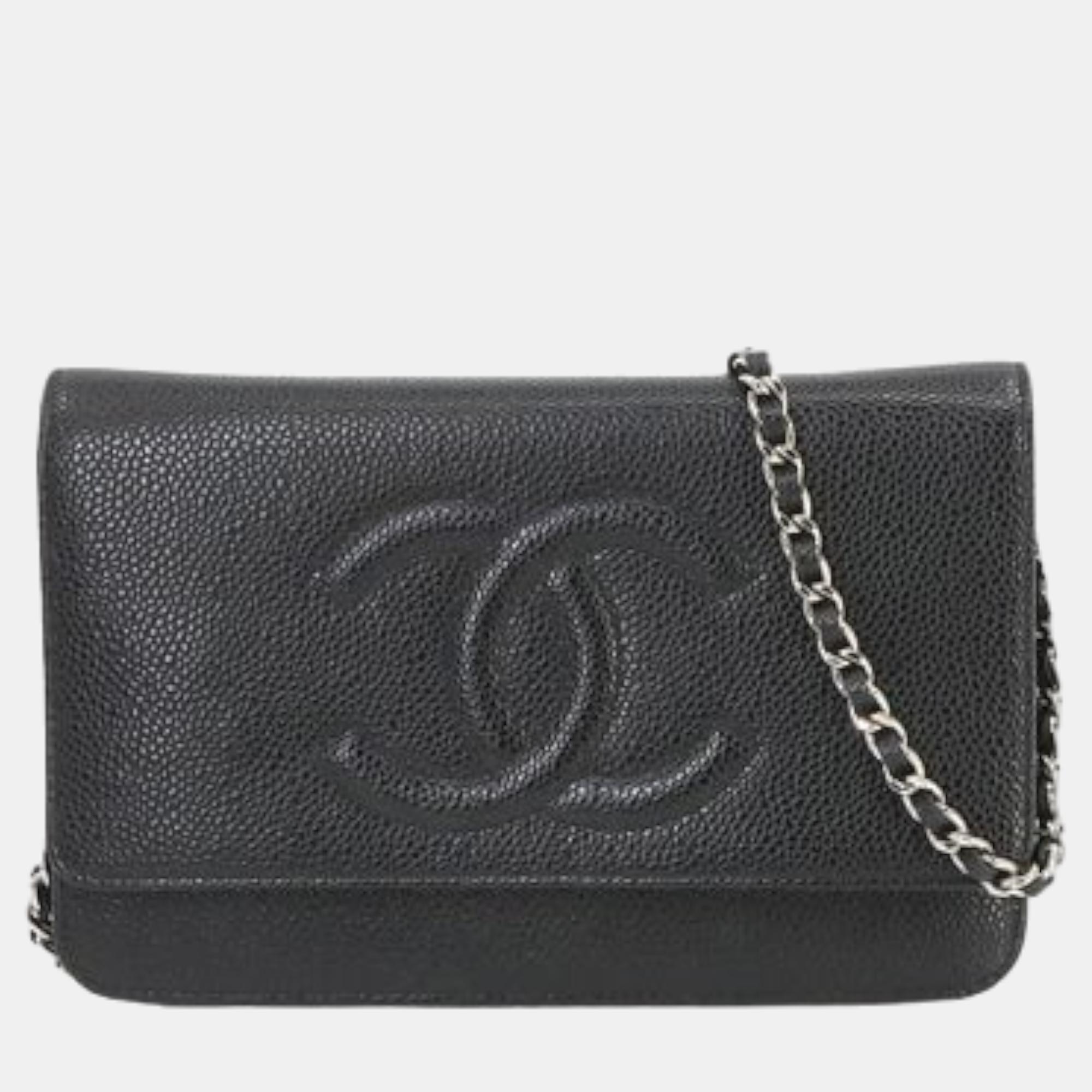 Pre-owned Chanel Black Leather Classic Wallet On Chain