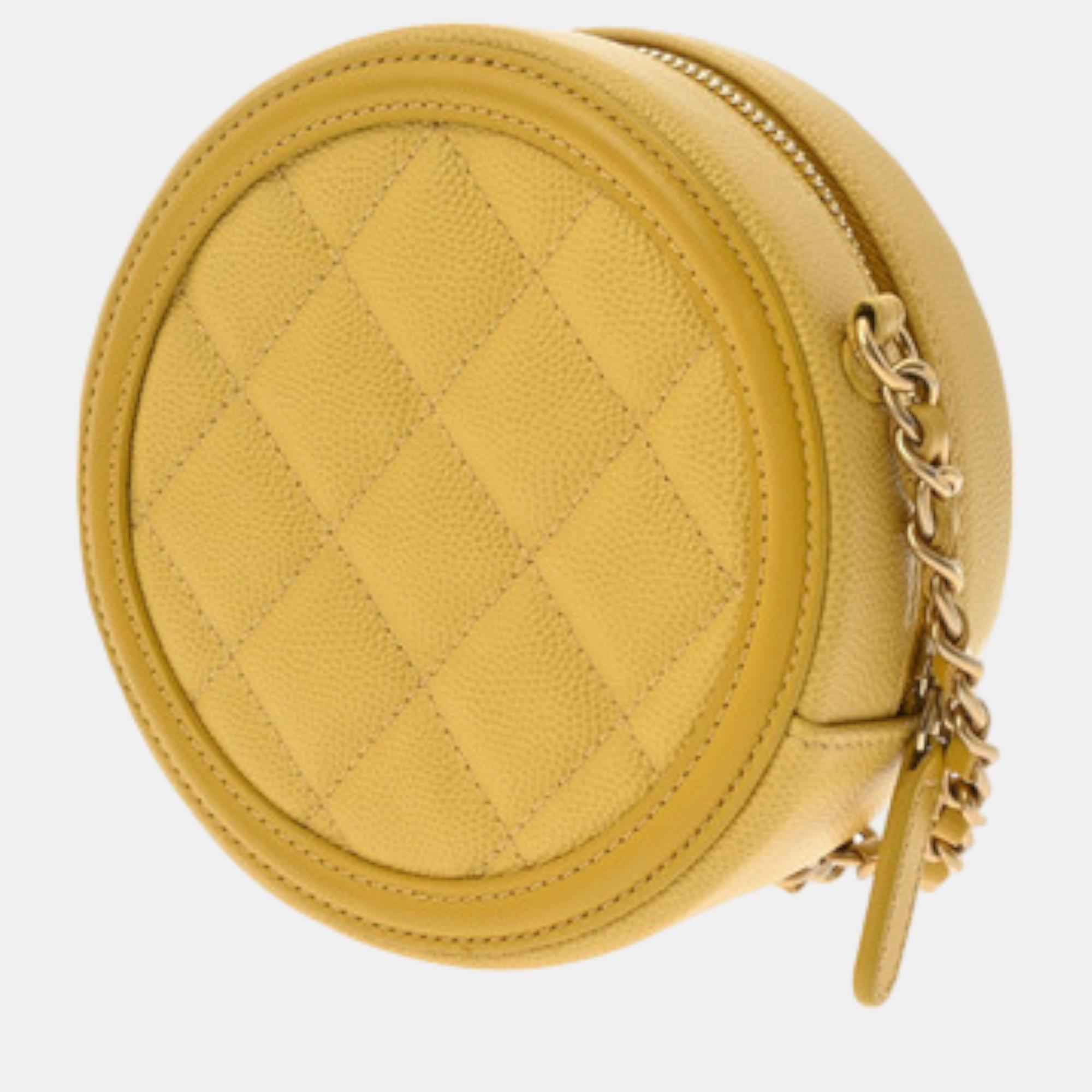 Chanel Yellow Quilted Caviar Mini Filigree Round Clutch with Chain 