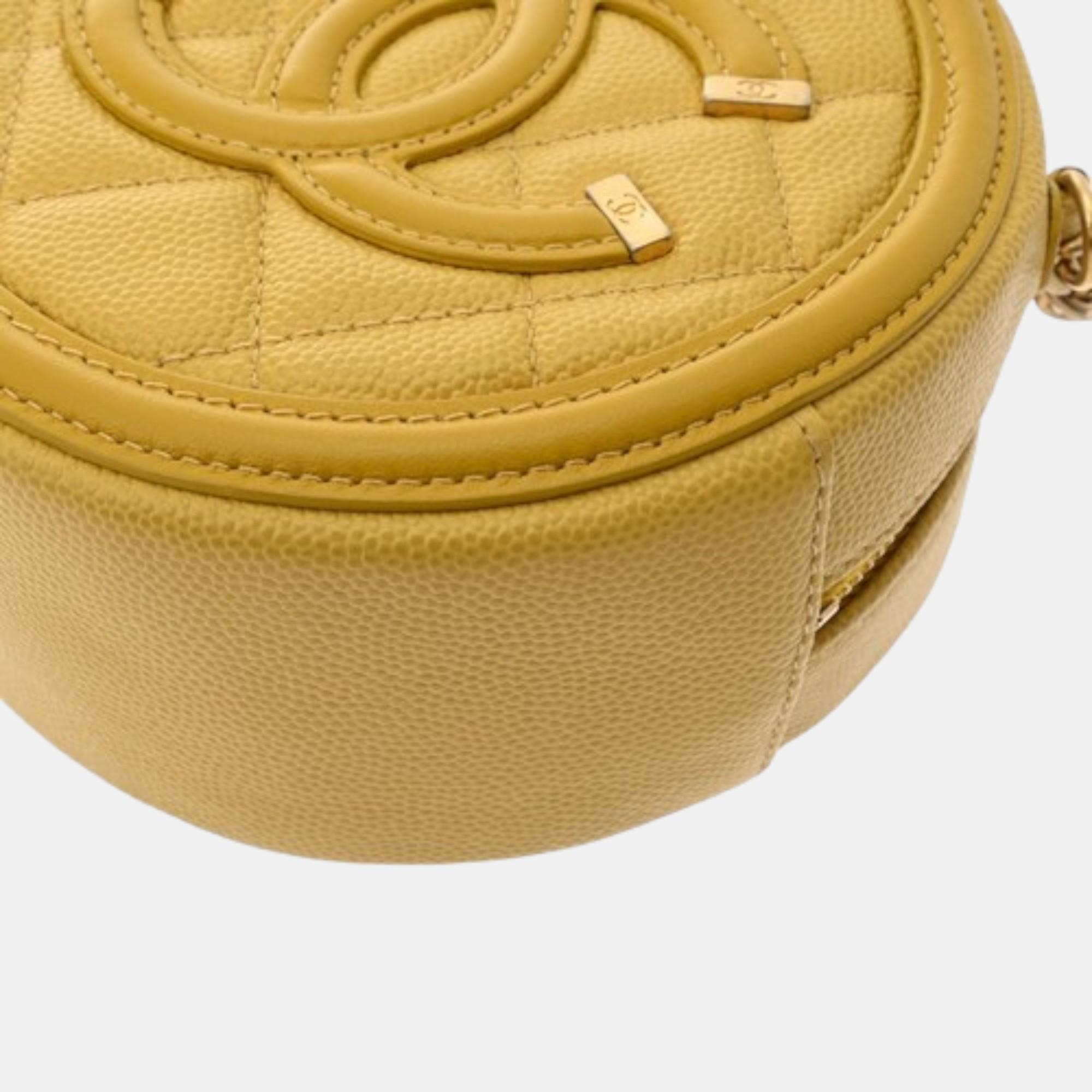 Chanel Yellow Quilted Caviar Mini Filigree Round Clutch with Chain 