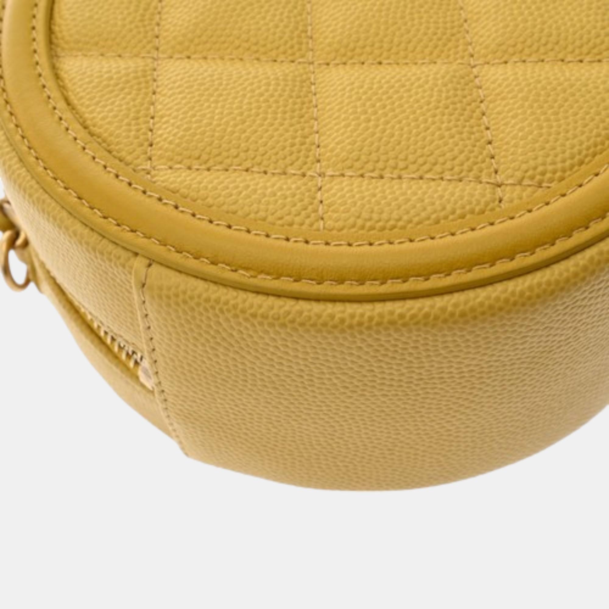 Chanel Yellow Quilted Caviar Mini Filigree Round Clutch with Chain 