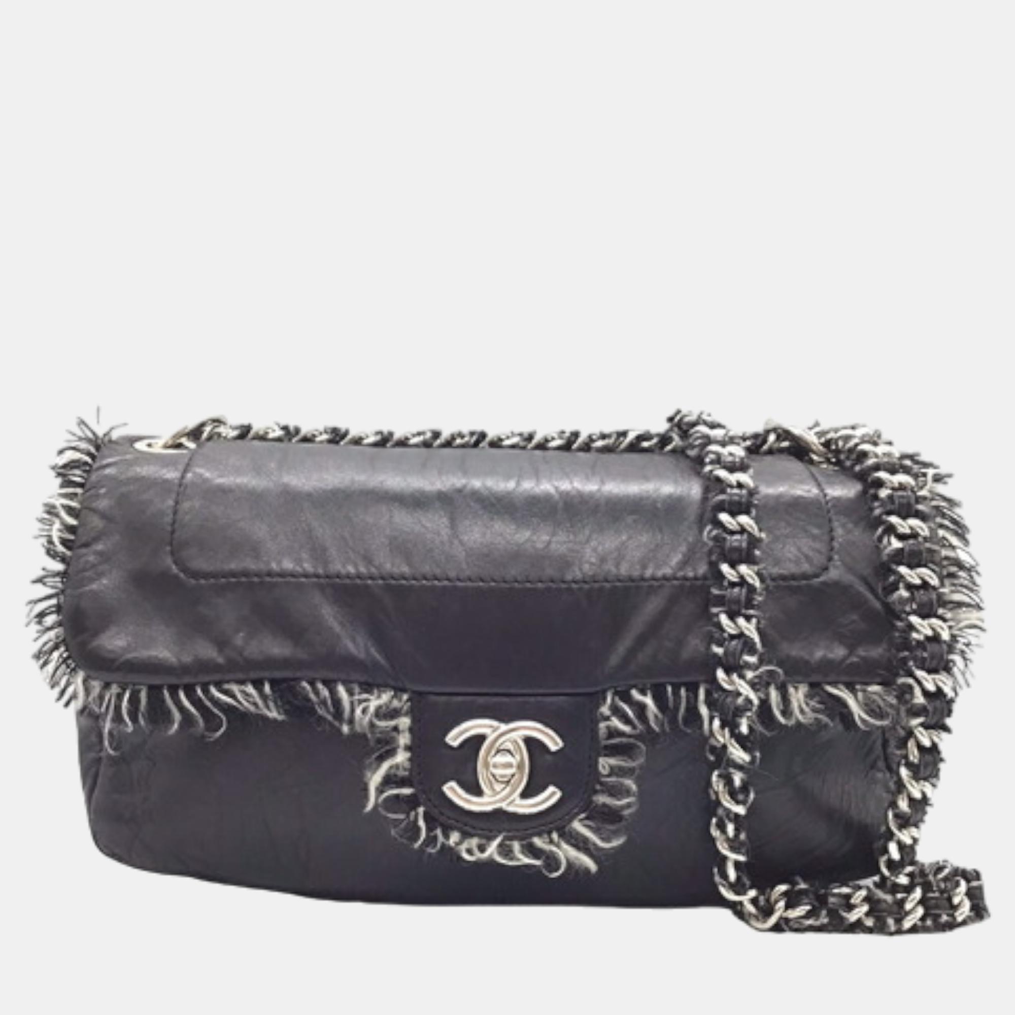 

Chanel Grey Leather Funny Tweed Flap Shoulder Bag, Black