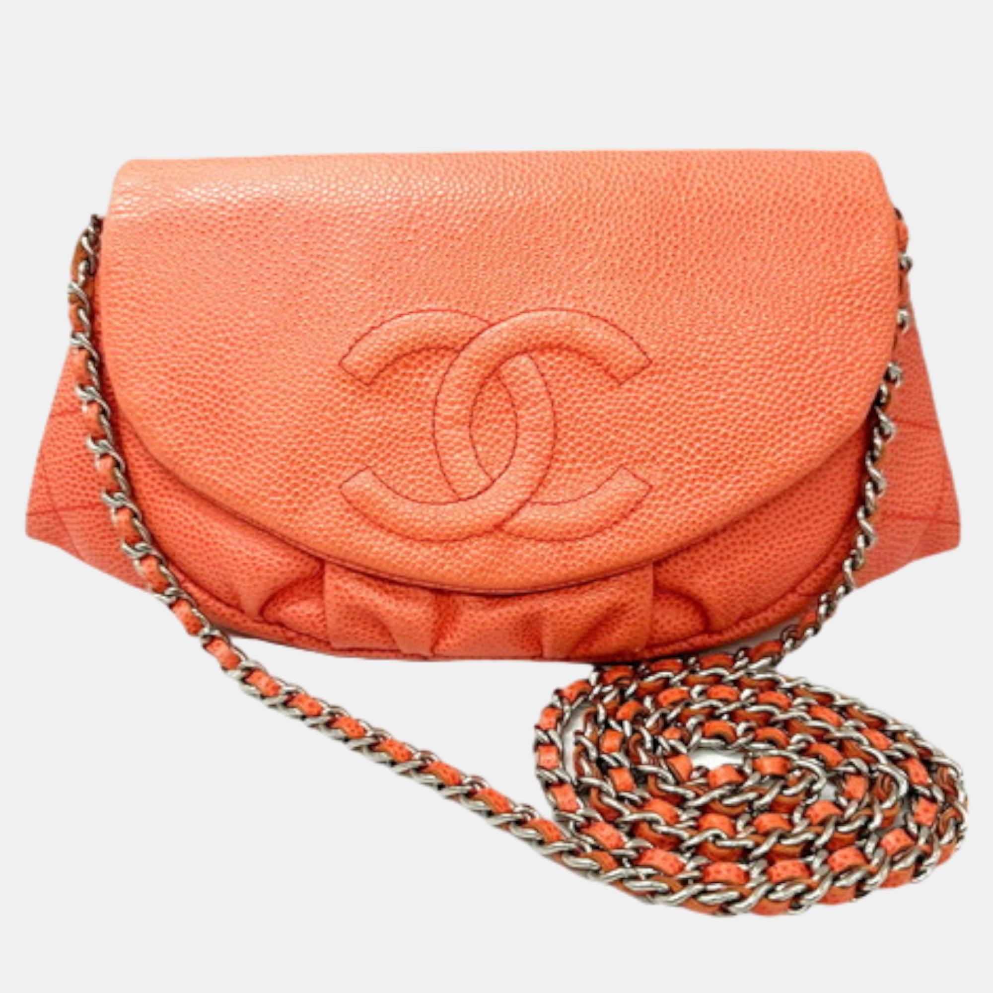 Pre-owned Chanel Orange Caviar Leather Half Moon Wallet On Chain