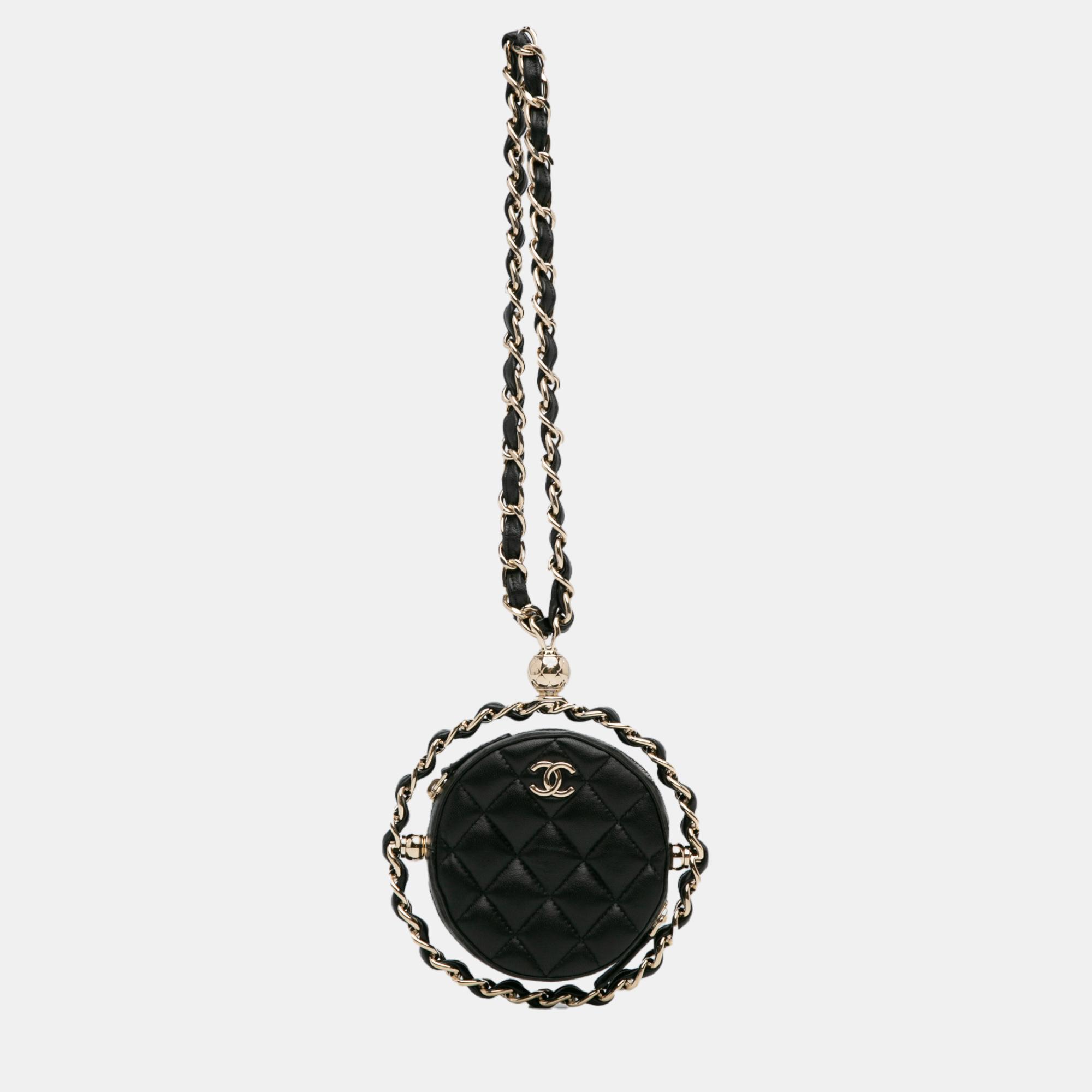 

Chanel Black CC Quilted Lambskin Round Clutch With Chain