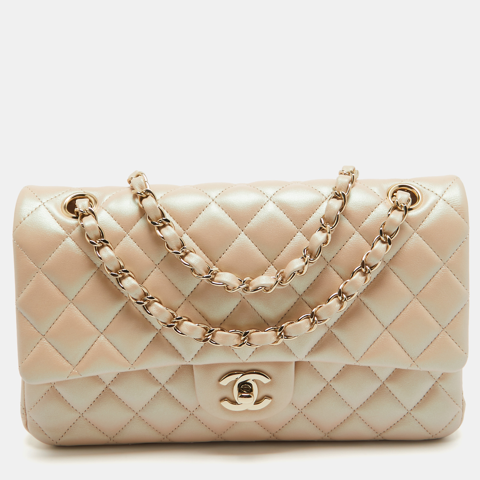 

Chanel Peach Shimmer Leather  Classic Double Flap Bag, Orange