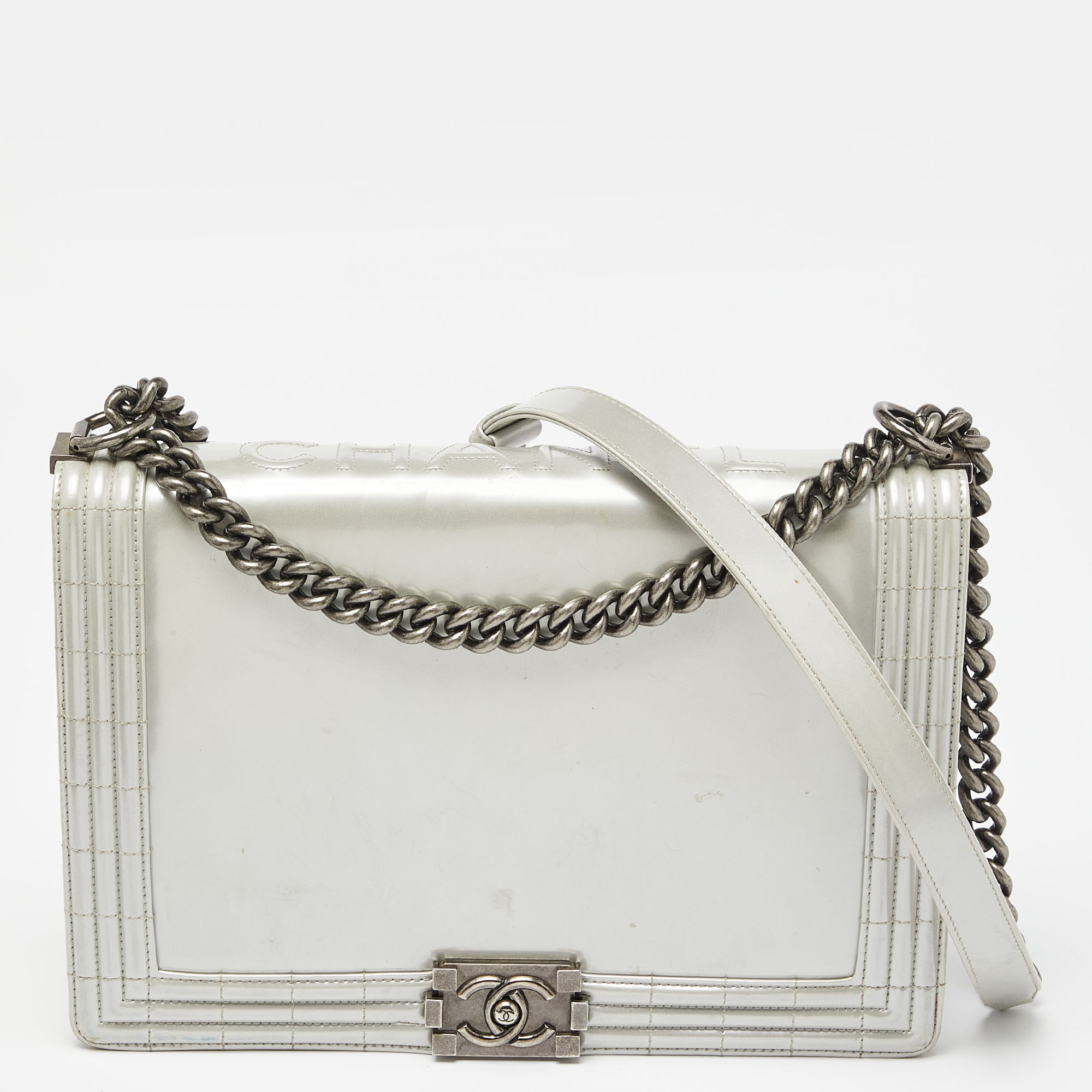 

Chanel Grey Patent Leather Large Reverso Boy Flap Bag