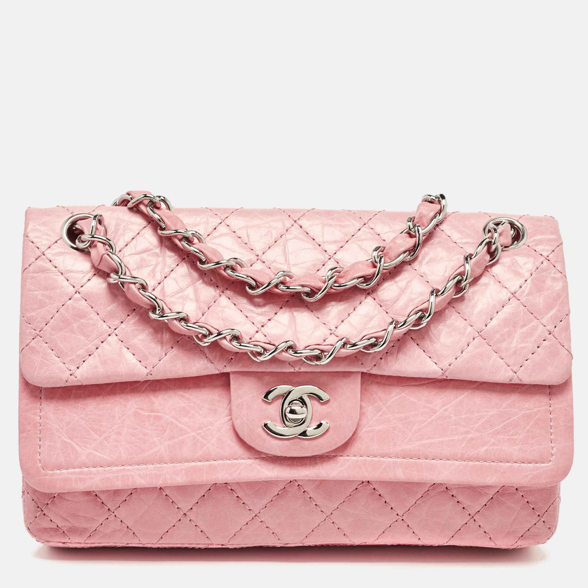 

Chanel Pink Quilted Aged Leather CC Double Flap Bag