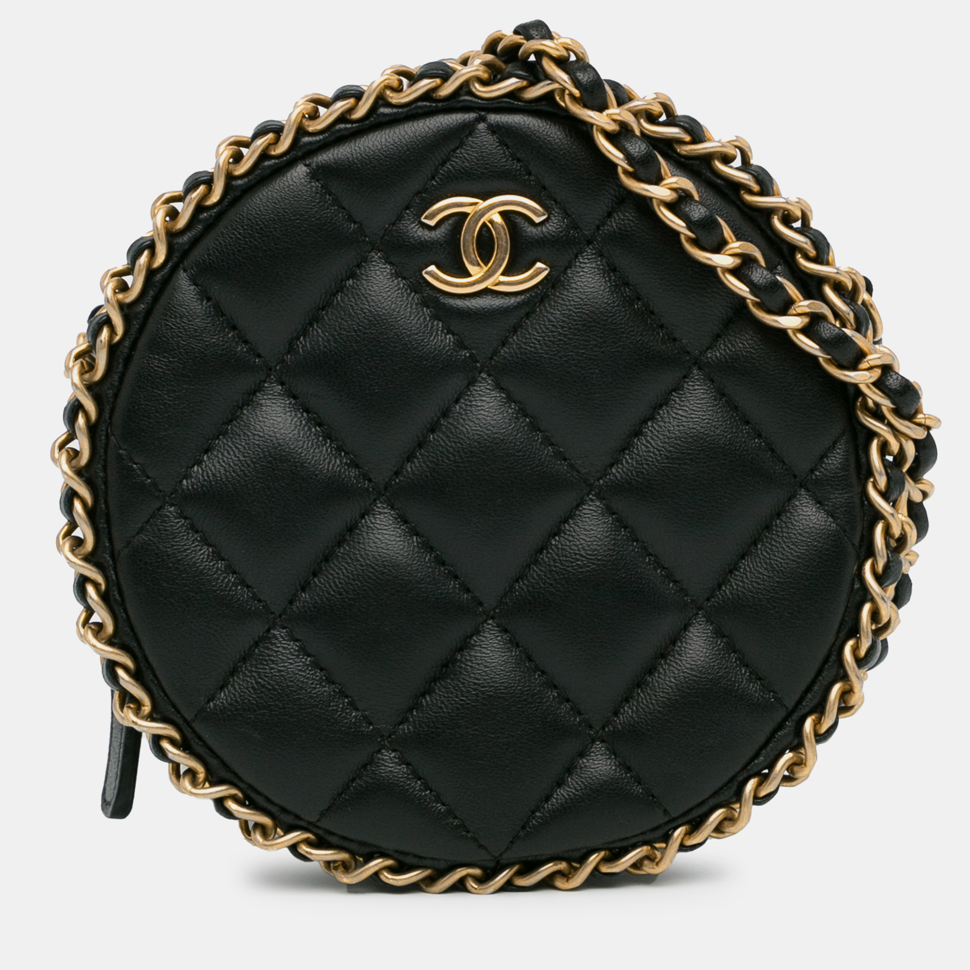 

Chanel CC Quilted Lambskin Round Chain Around Clutch With Chain, Black