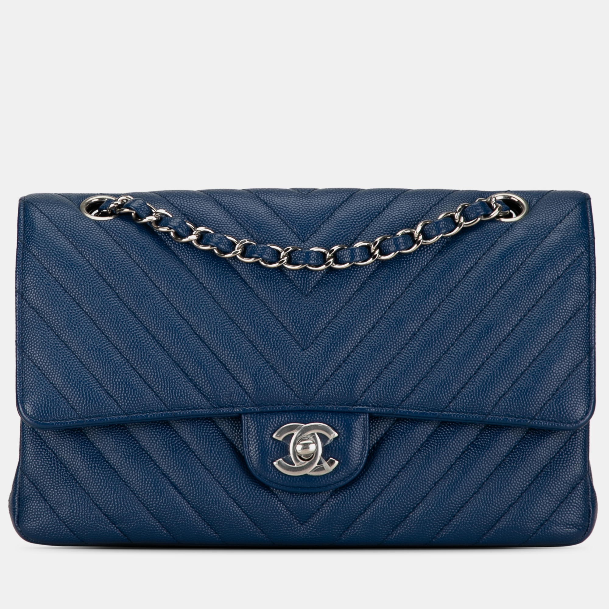 Pre-owned Chanel Medium Classic Chevron Caviar Double Flap In Navy Blue