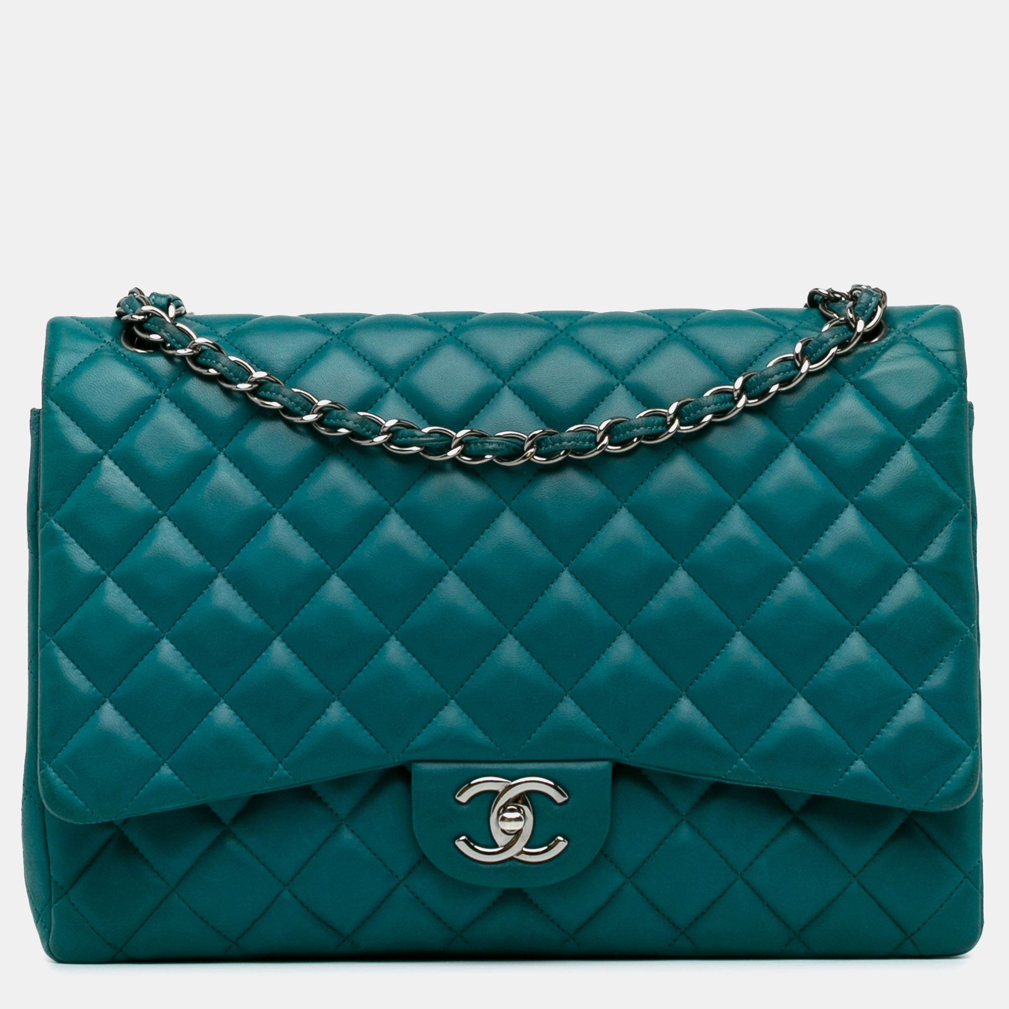 Pre-owned Chanel Maxi Classic Lambskin Double Flap In Blue