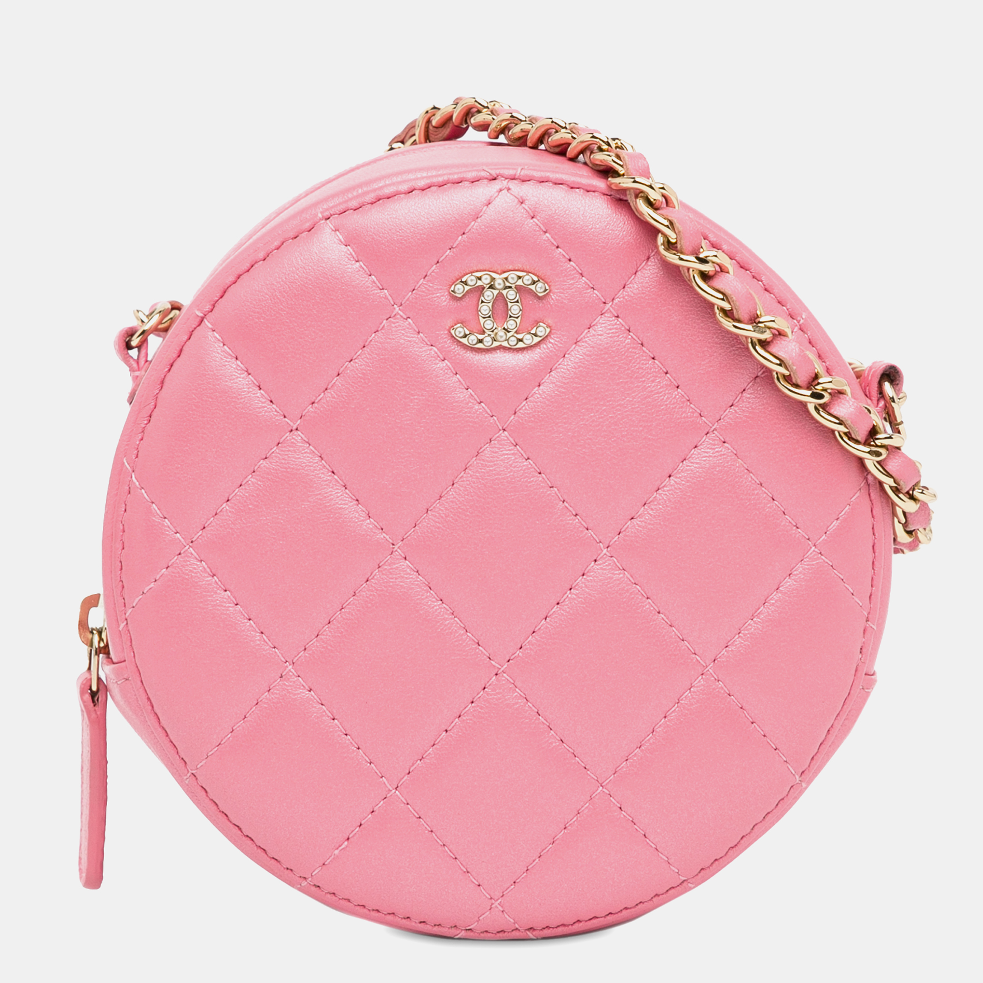 

Chanel CC Quilted Lambskin Round Pearl Clutch with Chain, Pink