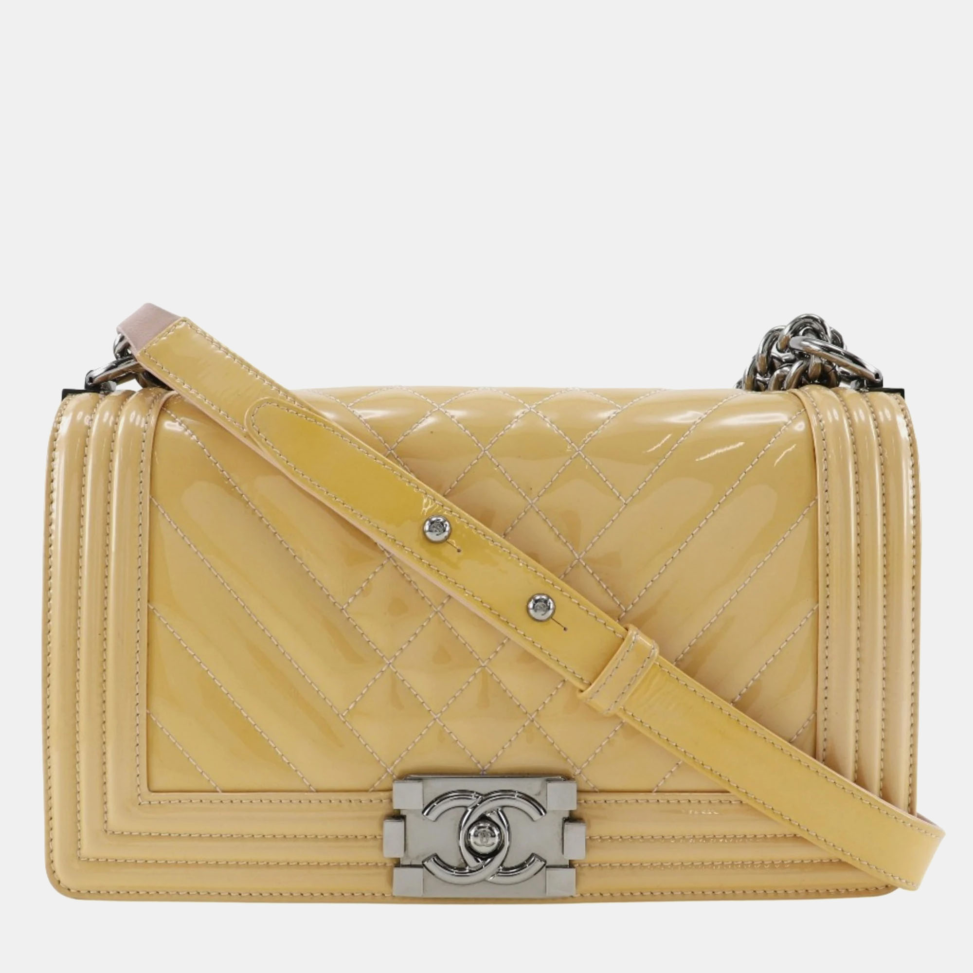 

Chanel Yellow Patent Leather Chevron Quilted New  Boy Shoulder Bag