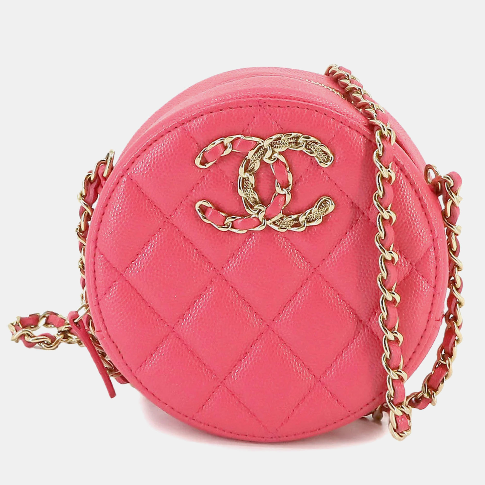 

Chanel Pink Caviar Quilted French New Wave Round Clutch With Chain