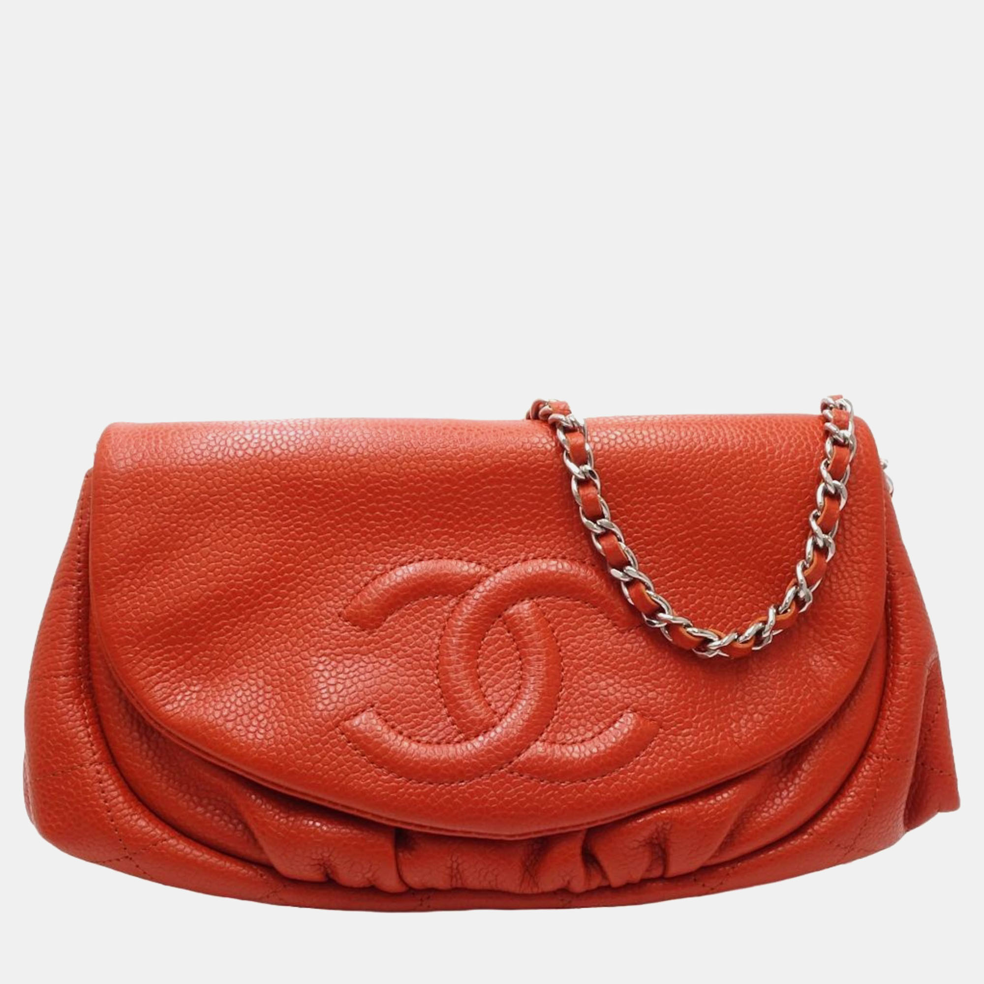 

Chanel Coral Red Quilted Caviar Leather CC Half Moon Wallet on Chain