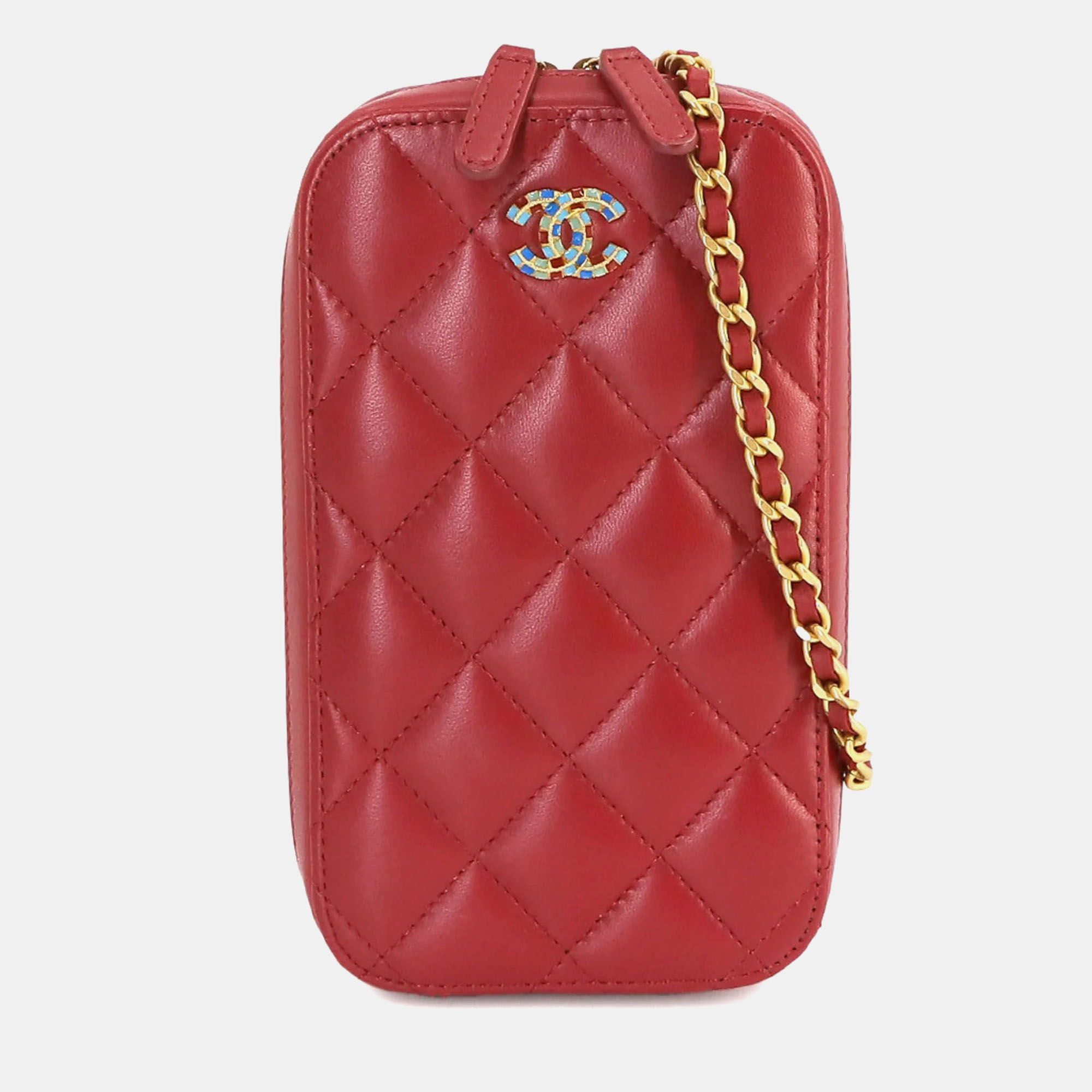 

Chanel Red Leather CC Quilted Crossbody Phone Holder Chain Shoulder Bag