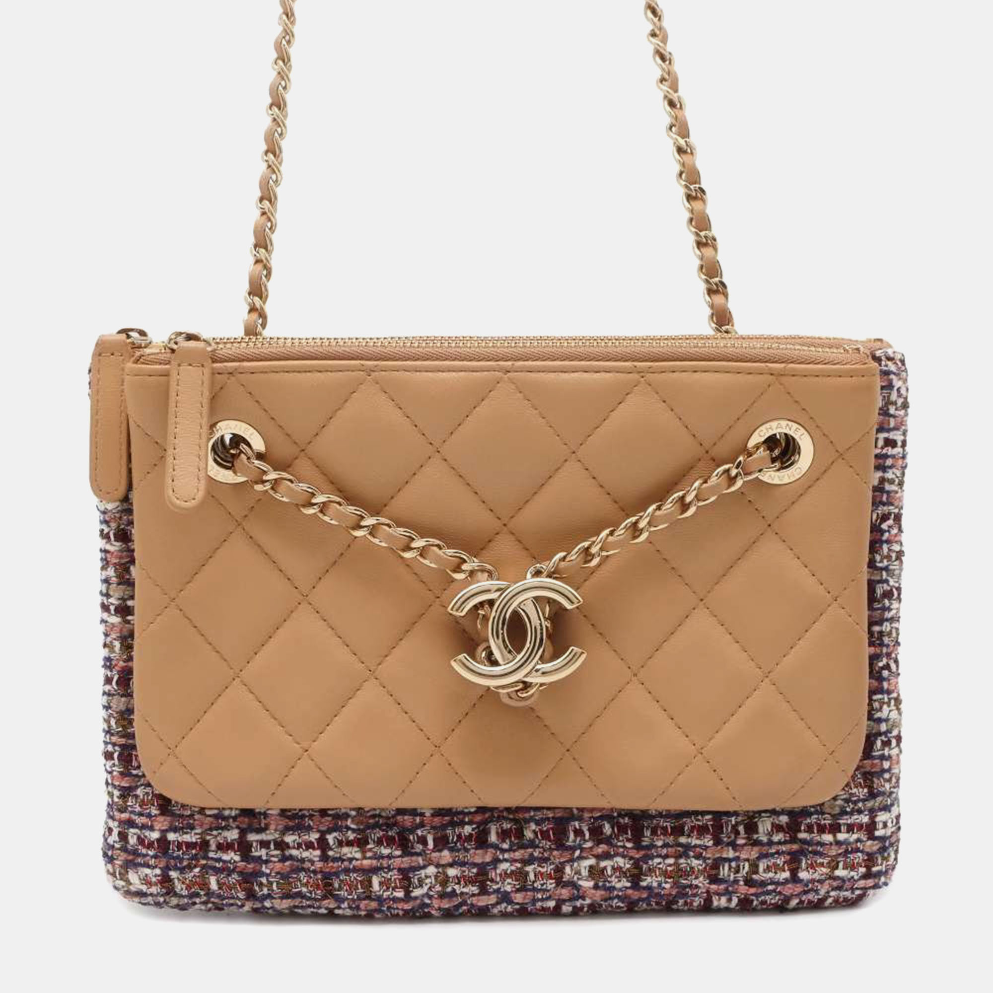 

Chanel Beige/Multicolor Leather Tweed Chain Shoulder Pouch Bag
