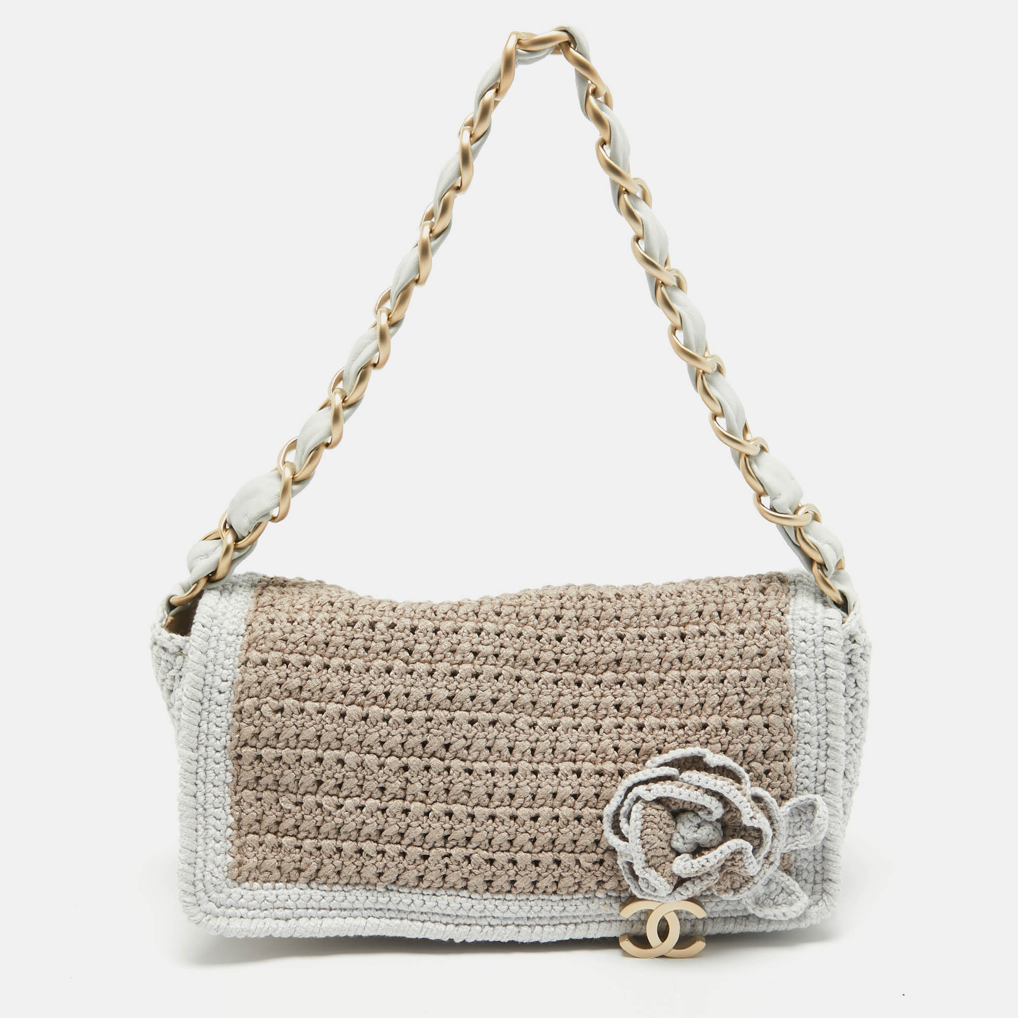 

Chanel Brown/Light Blue Crochet Fabric Camellia Flap Bag