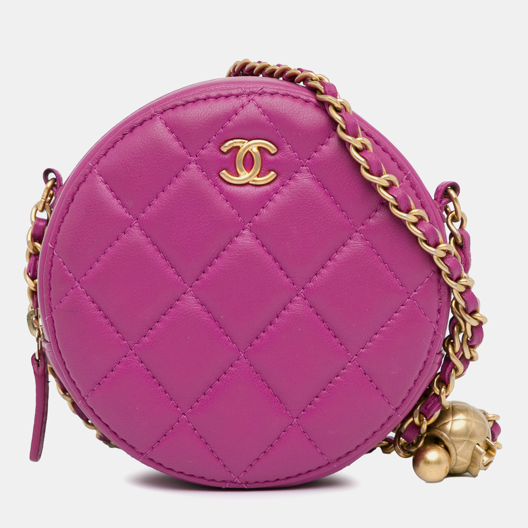 

Chanel CC Quilted Lambskin Pearl Crush Round Clutch with Chain, Pink